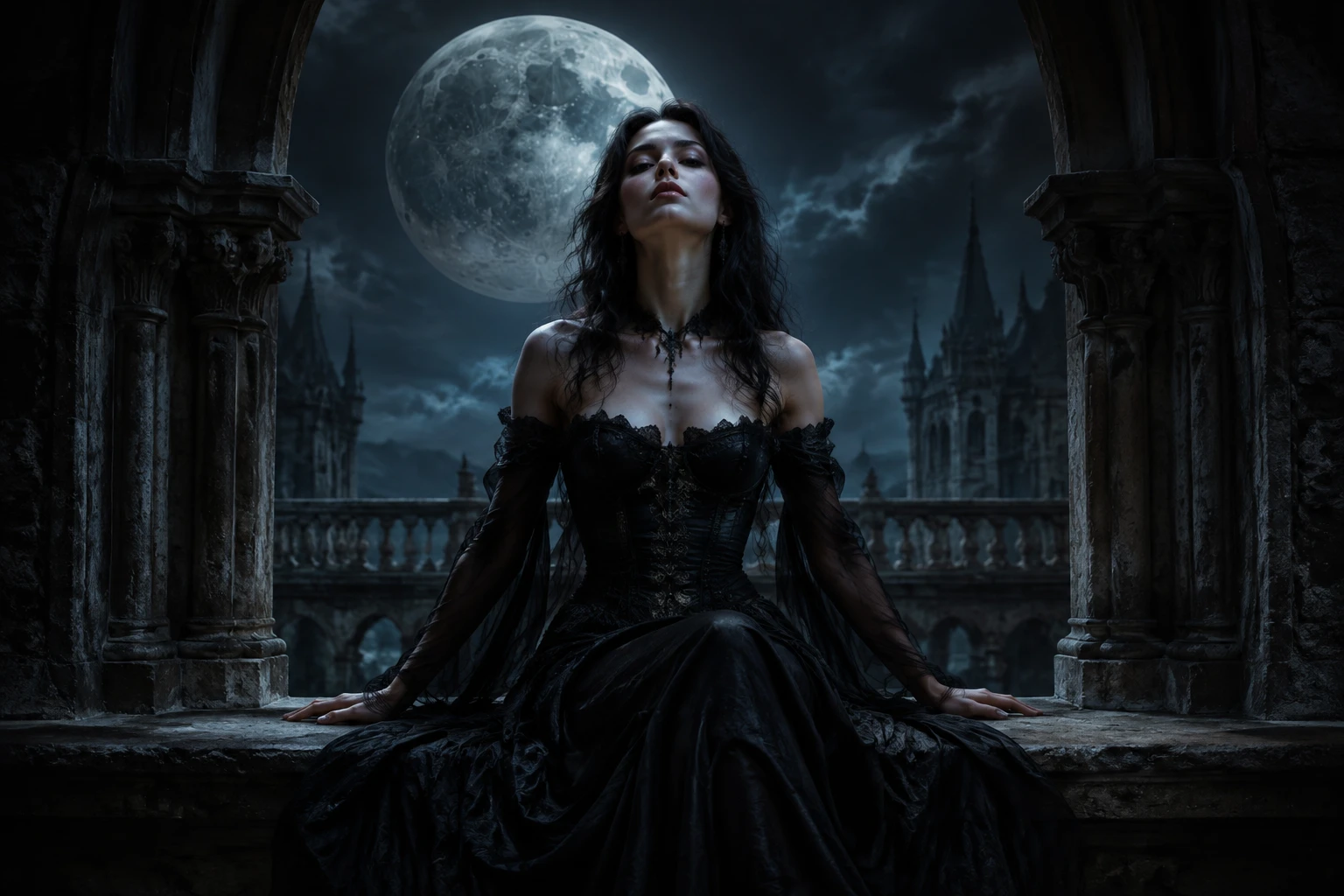 Text prompt and reference image guiding subject composition and gothic tone