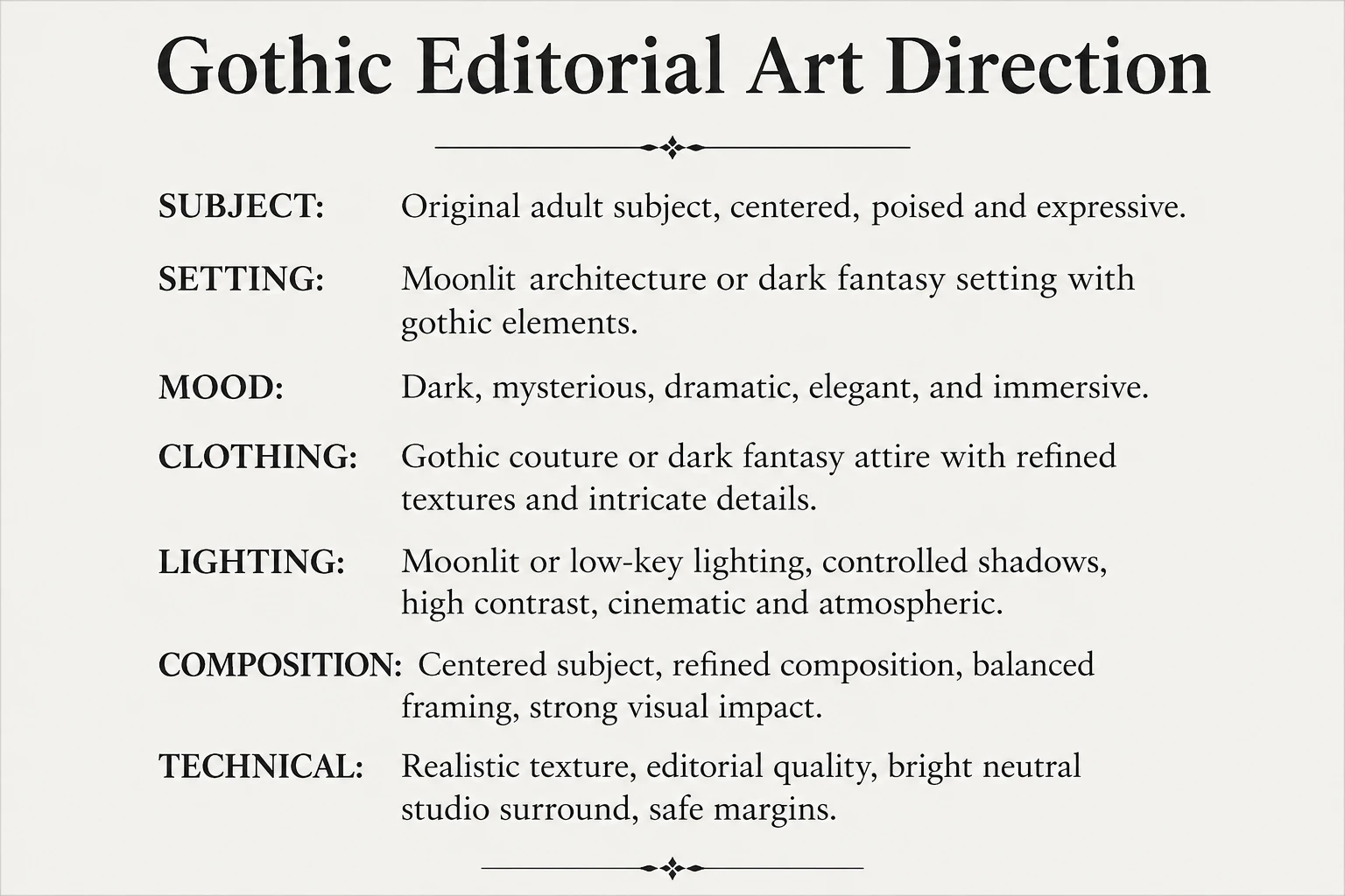 Prompt notes for subject setting mood clothing direction and lighting