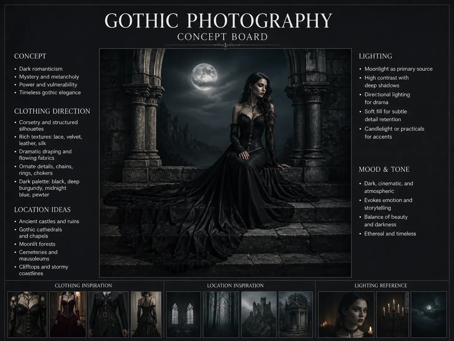 Gothic photography concept board with clothing direction, location, and lighting