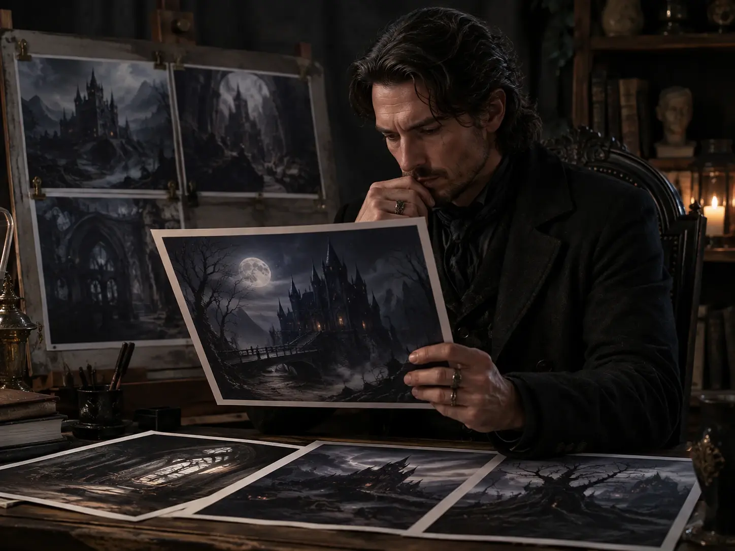 Dark fantasy writer reviewing original gothic character and environment images