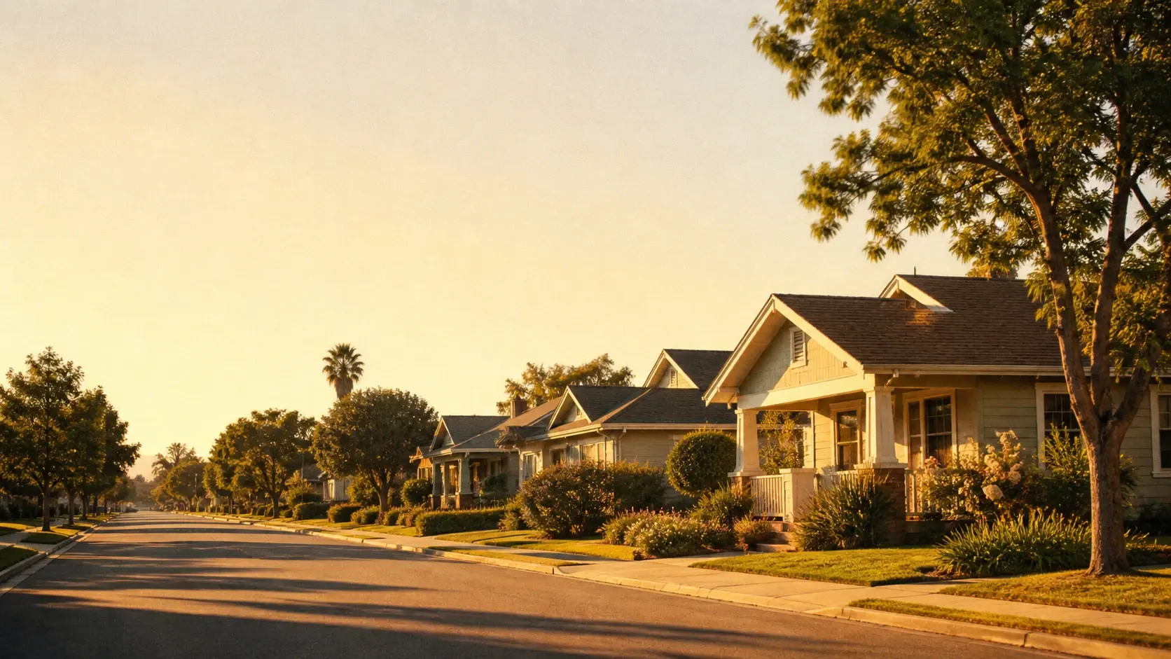 A wide quiet street in warm afternoon light carrying an even film grain across the whole frame