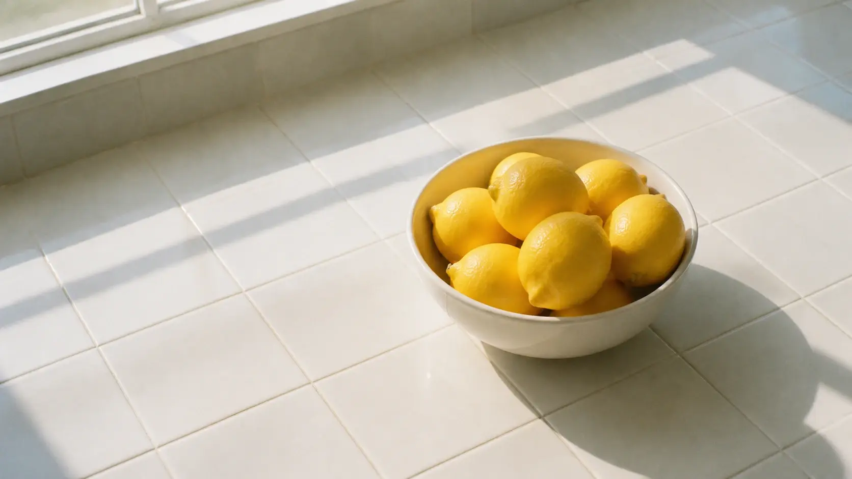 A bowl of lemons on a sunlit windowsill carrying an evenly judged film grain