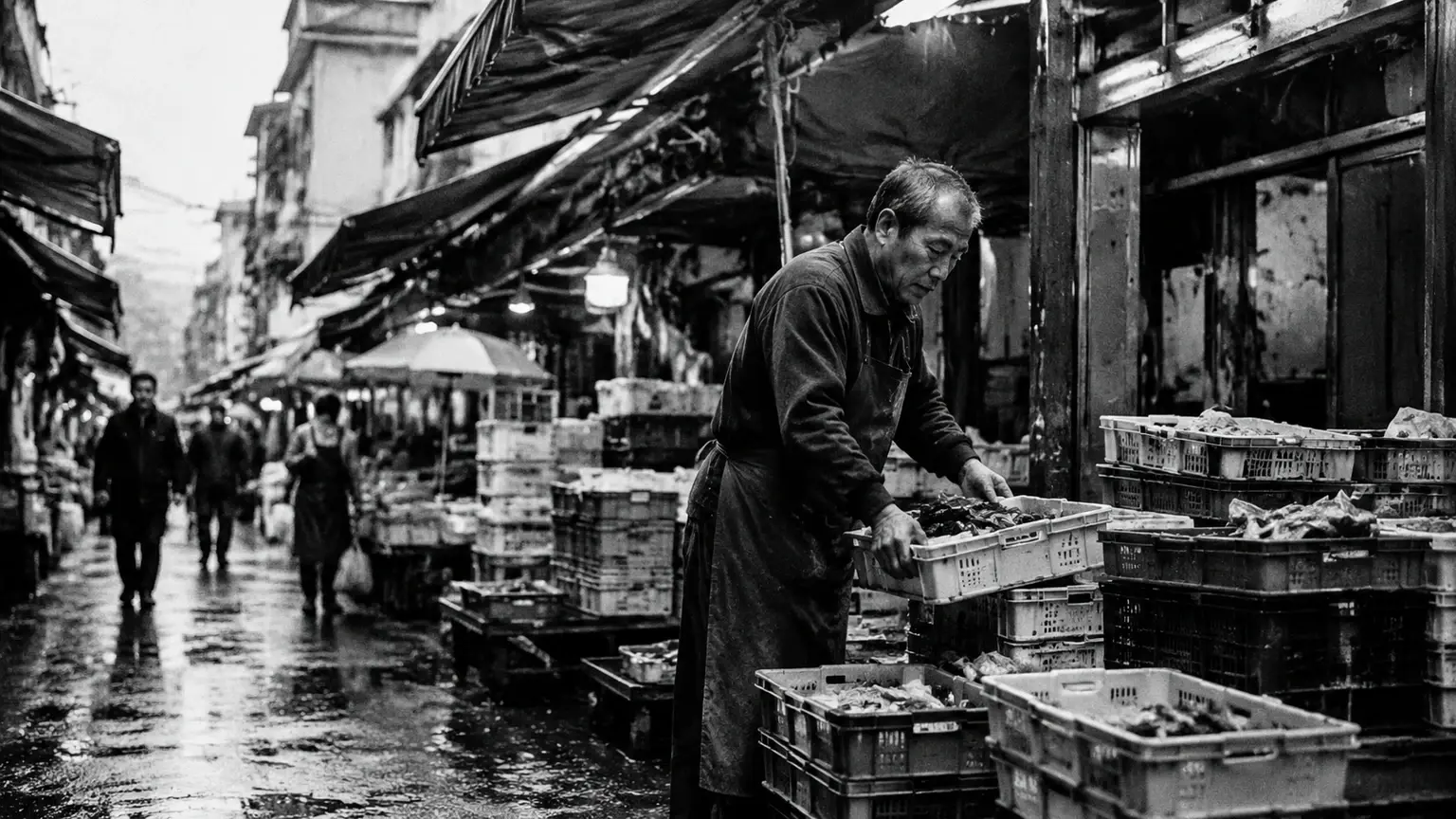 Monochrome street scene with black and white film grain giving the frame a documentary print feel