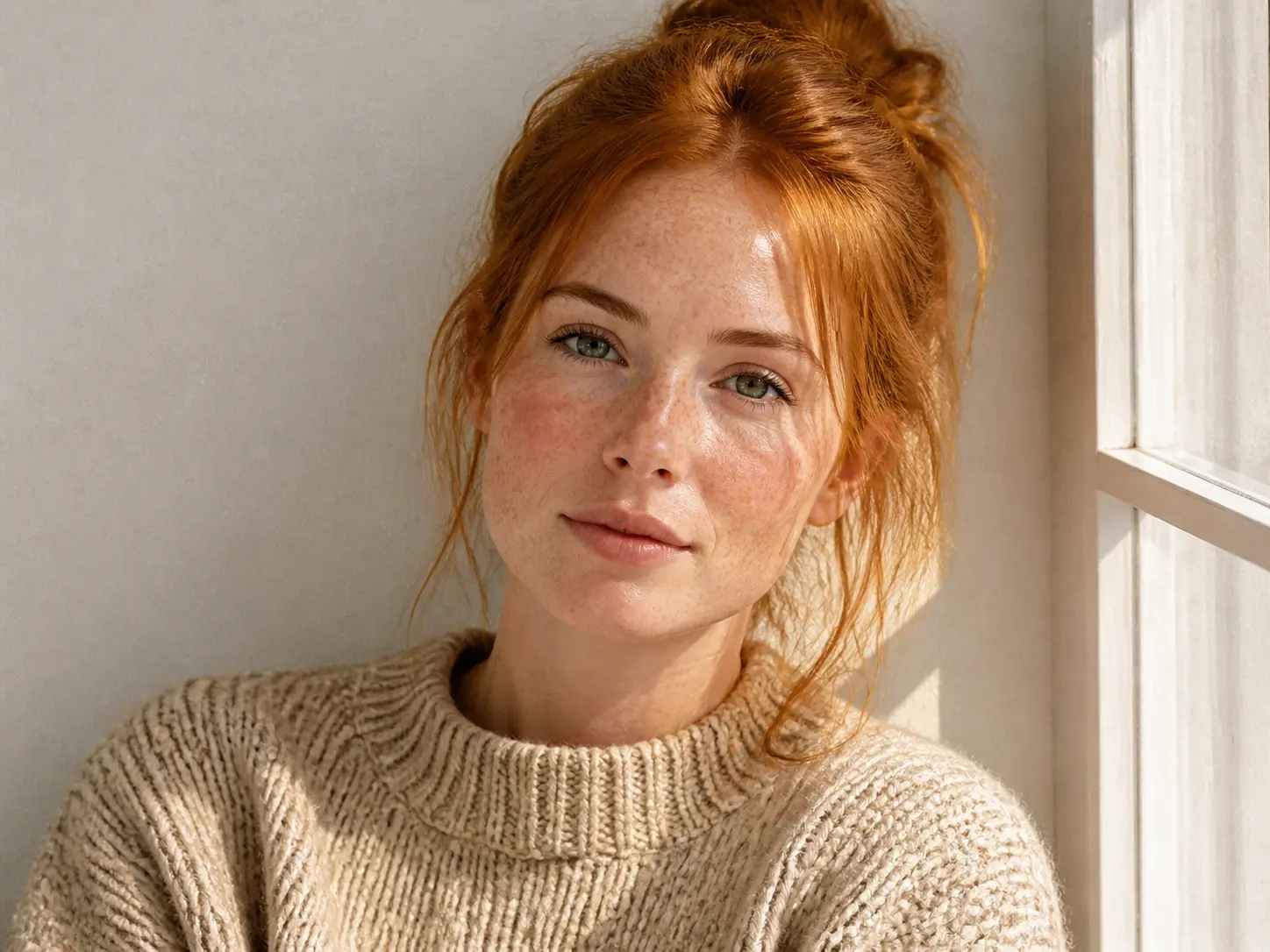 A portrait by a window carrying a fine film grain across skin, knitwear and wall while the light holds