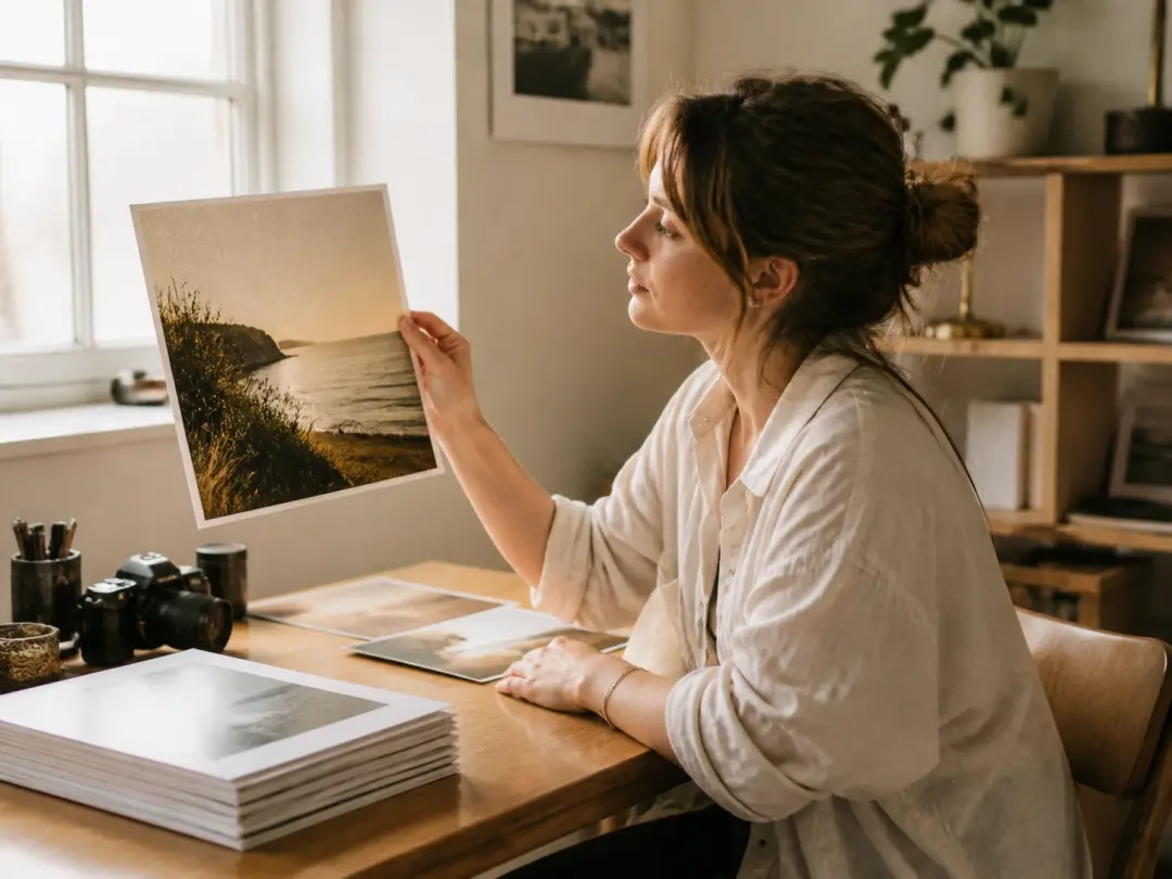 A photographer holding a grainy print up to the window light beside a stack of flat clean prints