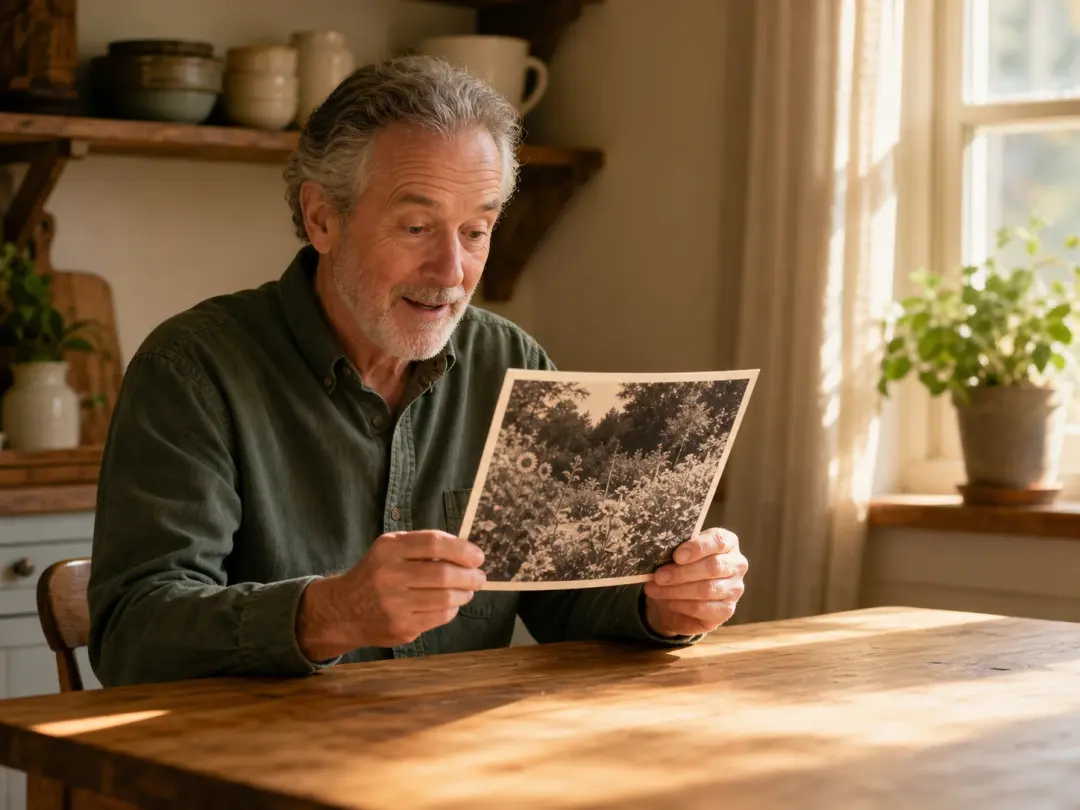 An older man at a bare kitchen table holding one finished grainy print of his garden
