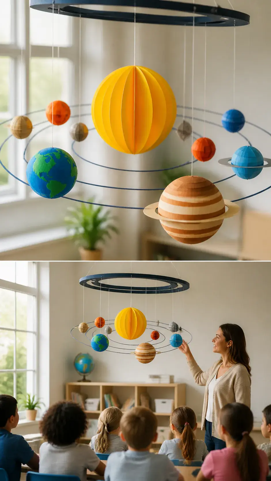 Vertical video still of a paper solar system model moving through a clear classroom explanation