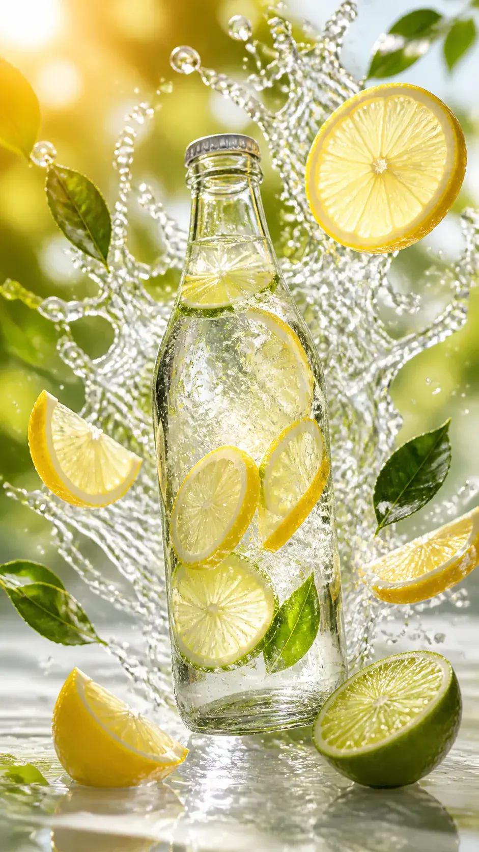 Vertical video still of a citrus drink campaign with splashing fruit and a smooth camera arc