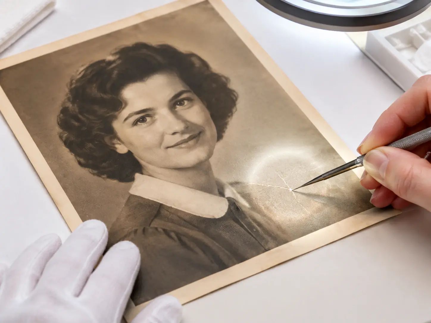 Brush selection over scratches on an old photo with repaired background nearby
