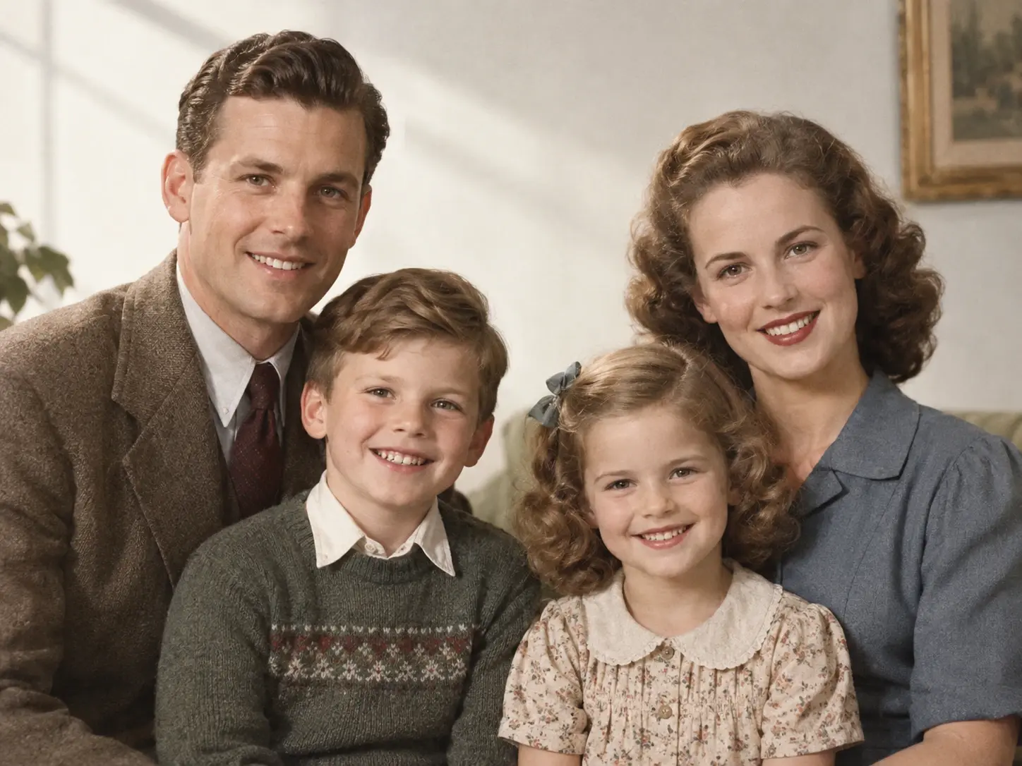Black and white family portrait beside an AI colorized restored version