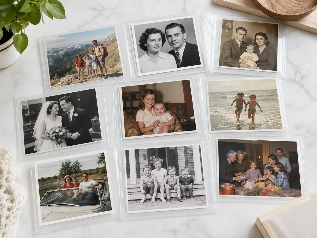 Workspace grid showing multiple restored album photos ready for 4K download