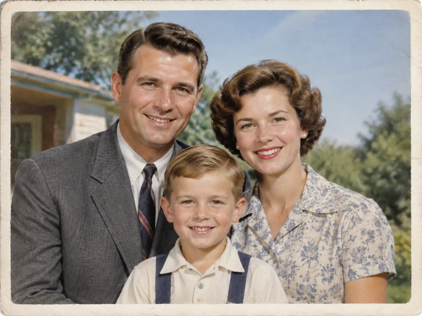 Restored family portrait with cleaner faces, sharper edges, and repaired fold marks