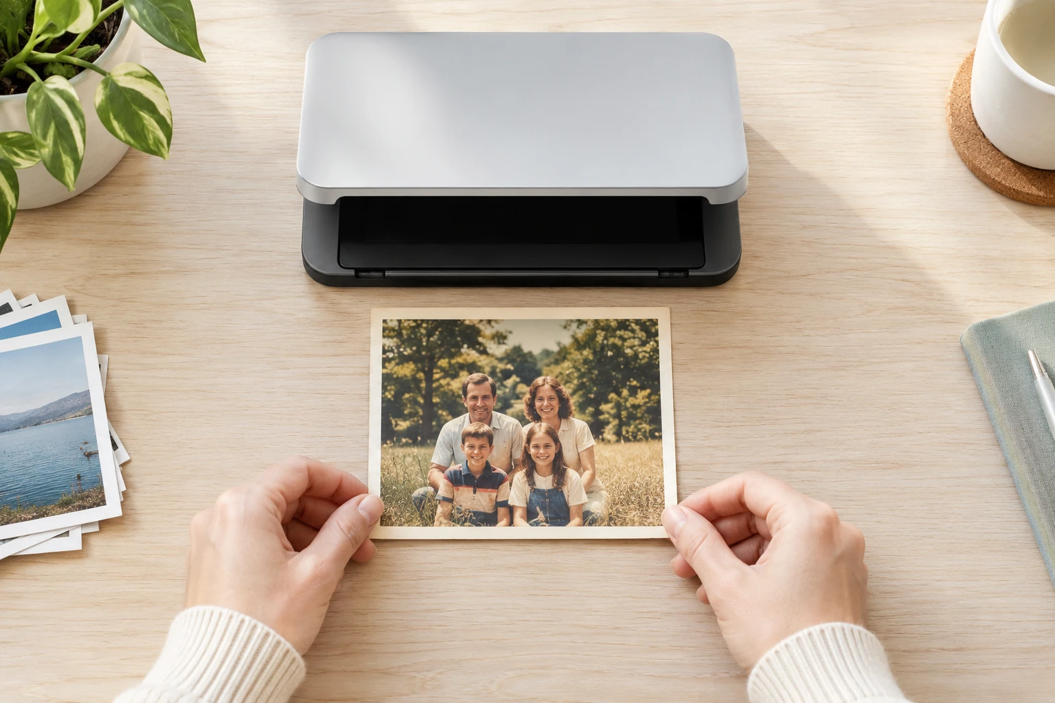 Paper family photo placed flat for scanning before upload to an online workspace