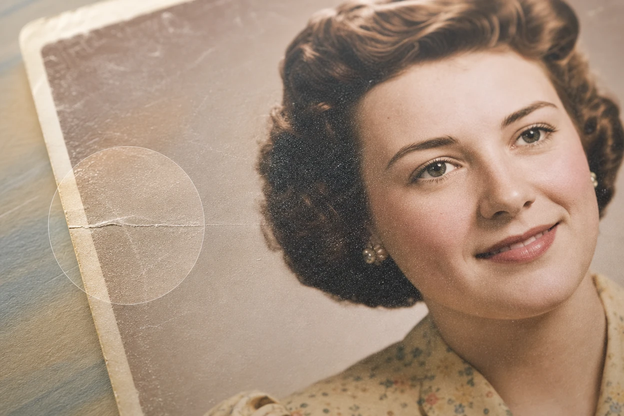 Old portrait preview with brush selection around scratches and fold marks