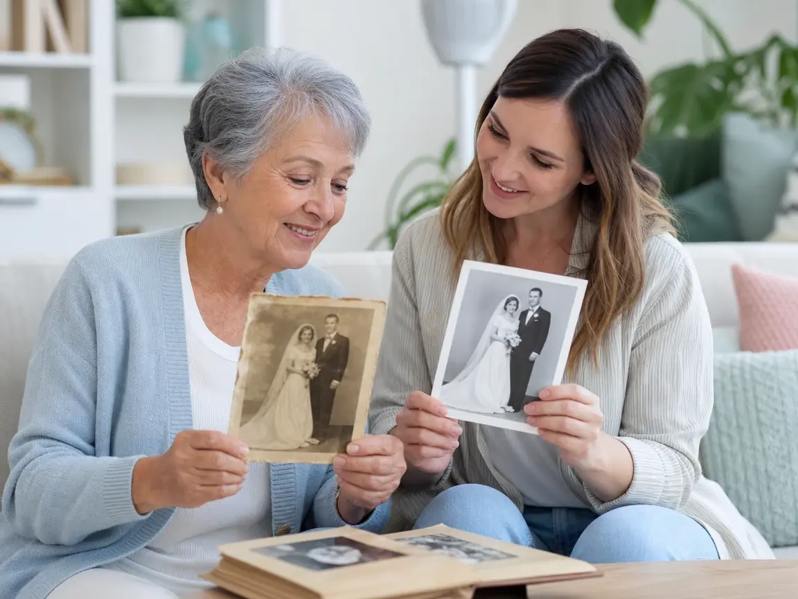 Restored old wedding portrait with recognizable people and reduced fading