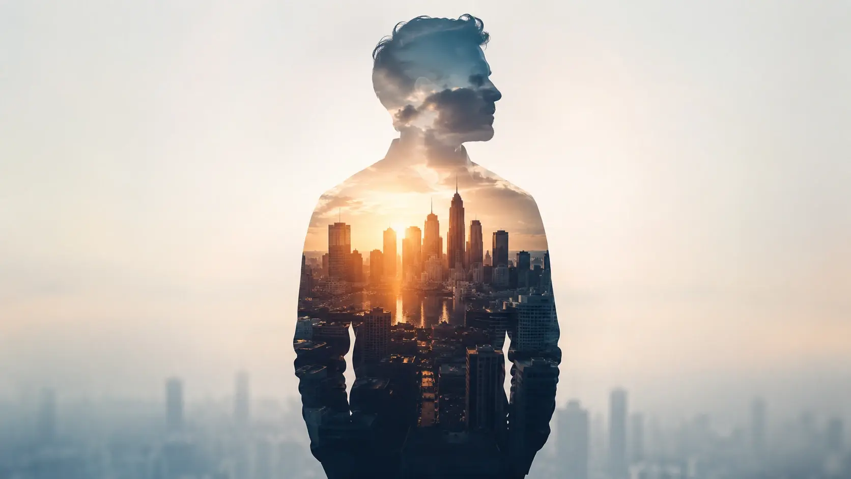 Silhouette portrait with a city skyline showing through as one blended frame