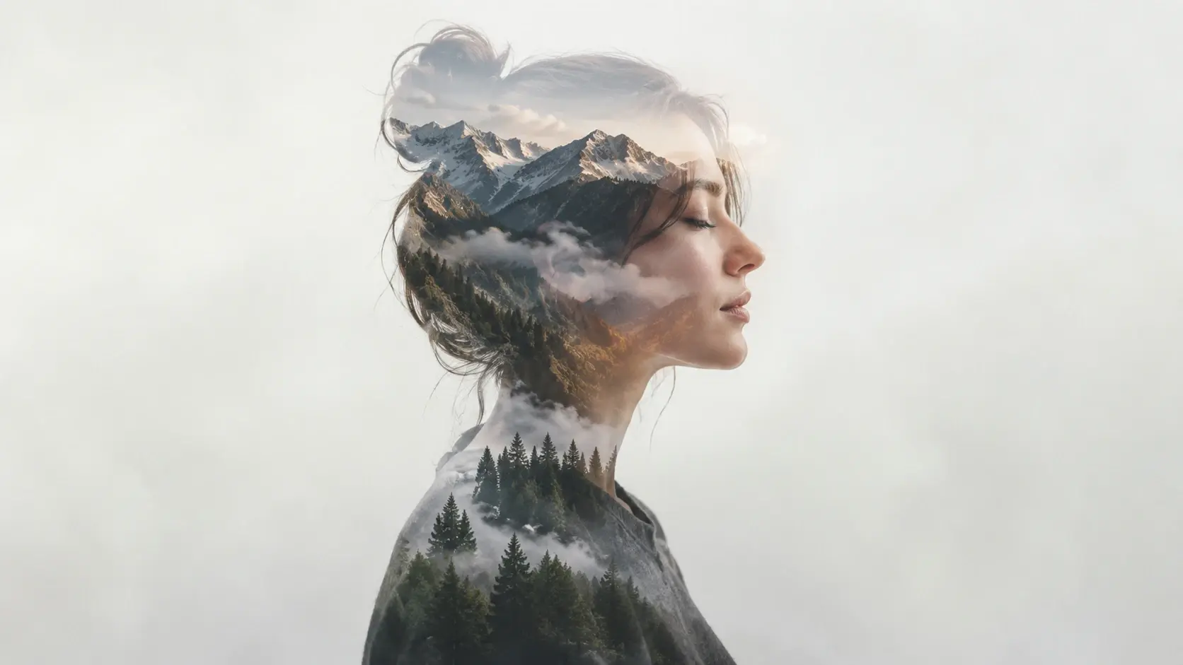 Portrait blended with a mountain landscape into one artful frame by VideoAI