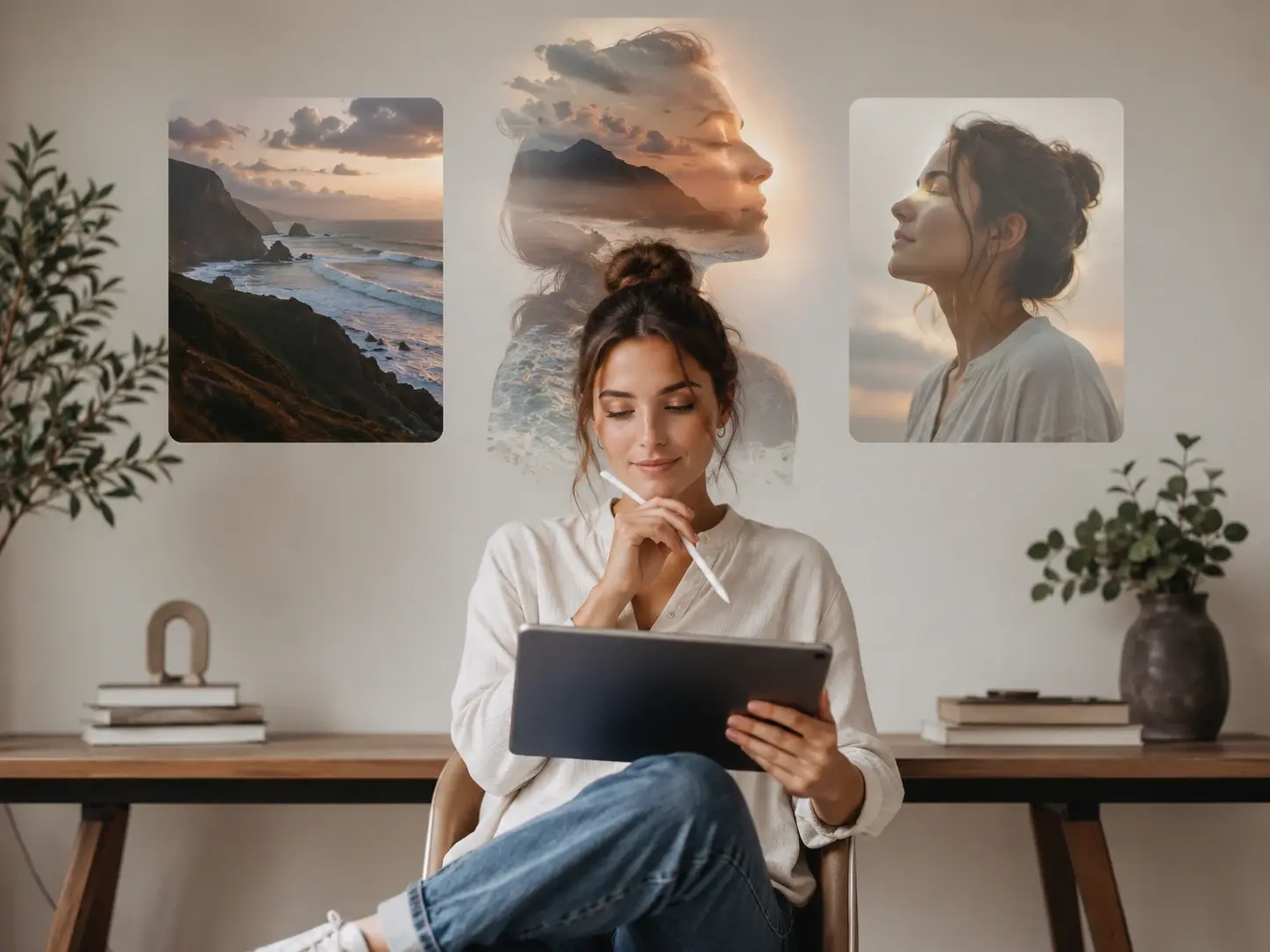 Social creator previewing a blended overlay of two photos in VideoAI