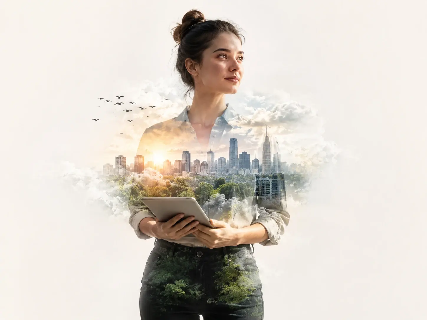 Designer building a blended poster hero from two images in VideoAI
