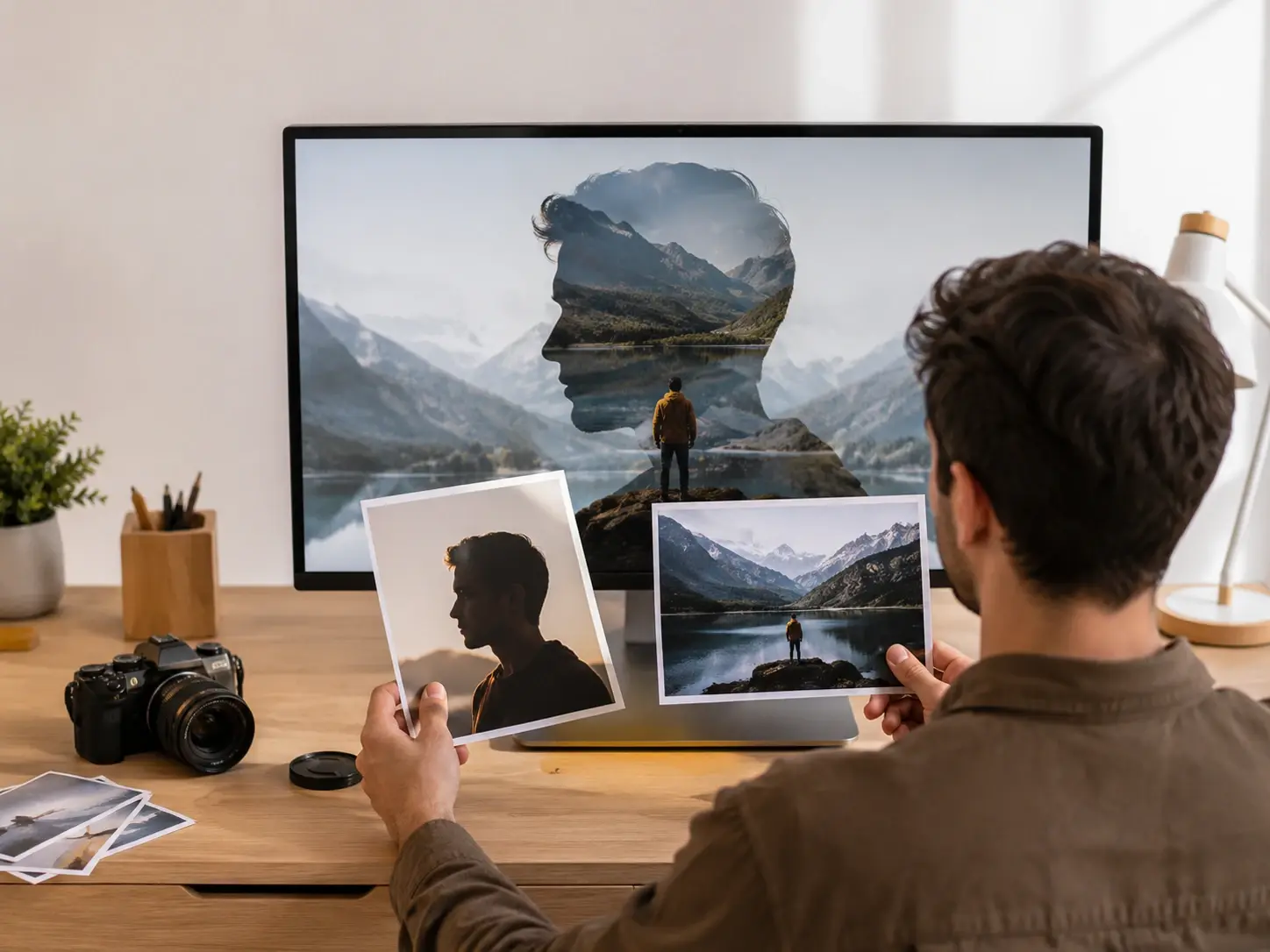 Photographer comparing manual layers with a VideoAI blend of two photos