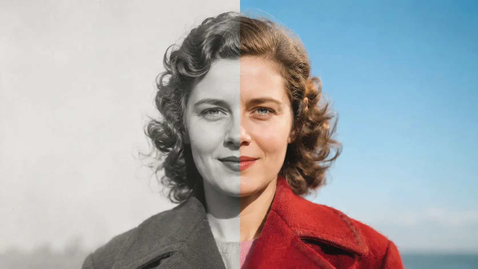 Close up of a colorized portrait with natural skin tones, blue sky, and a red coat
