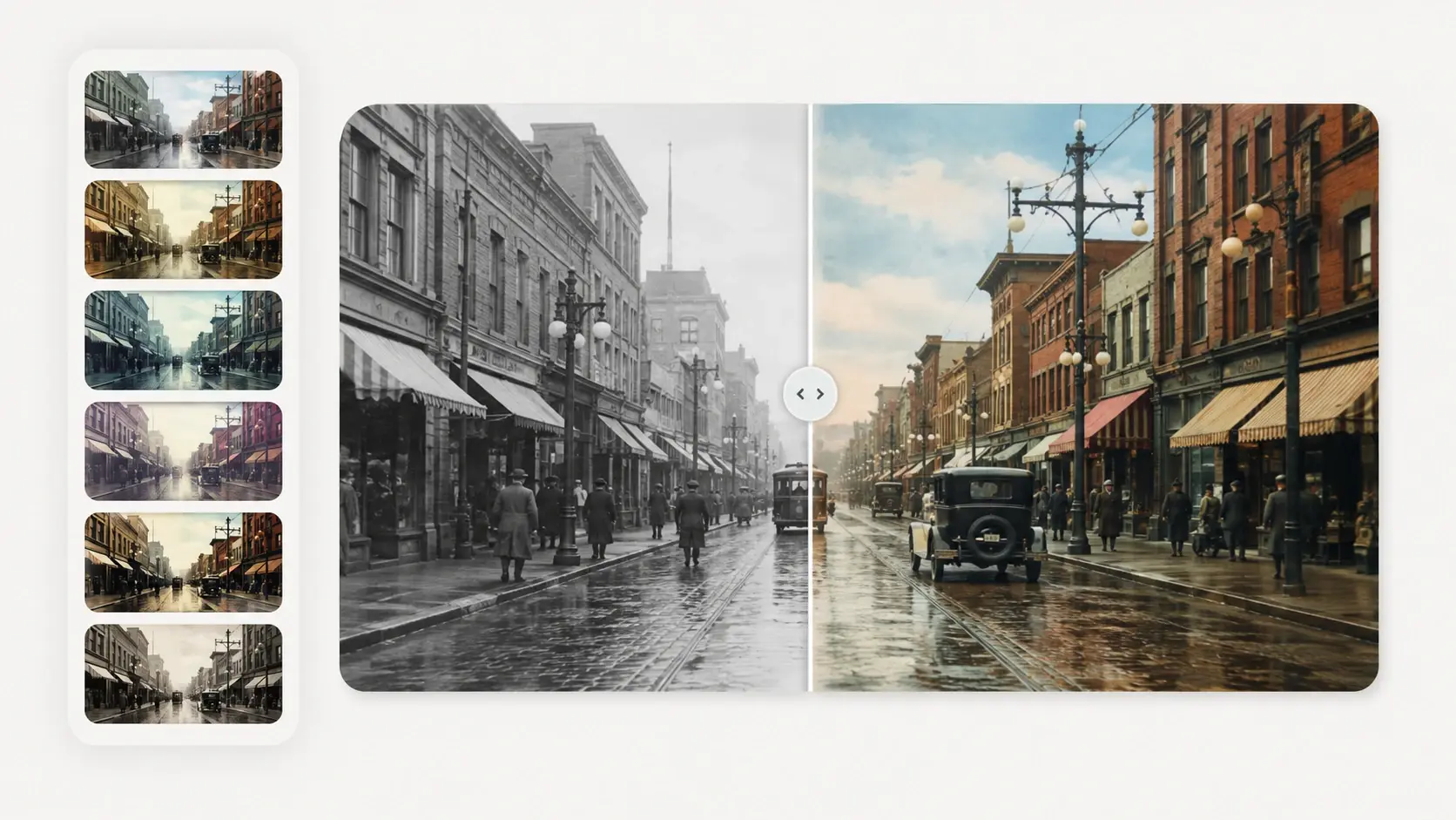 A style menu with true to life and vintage film presets beside a colorized street scene