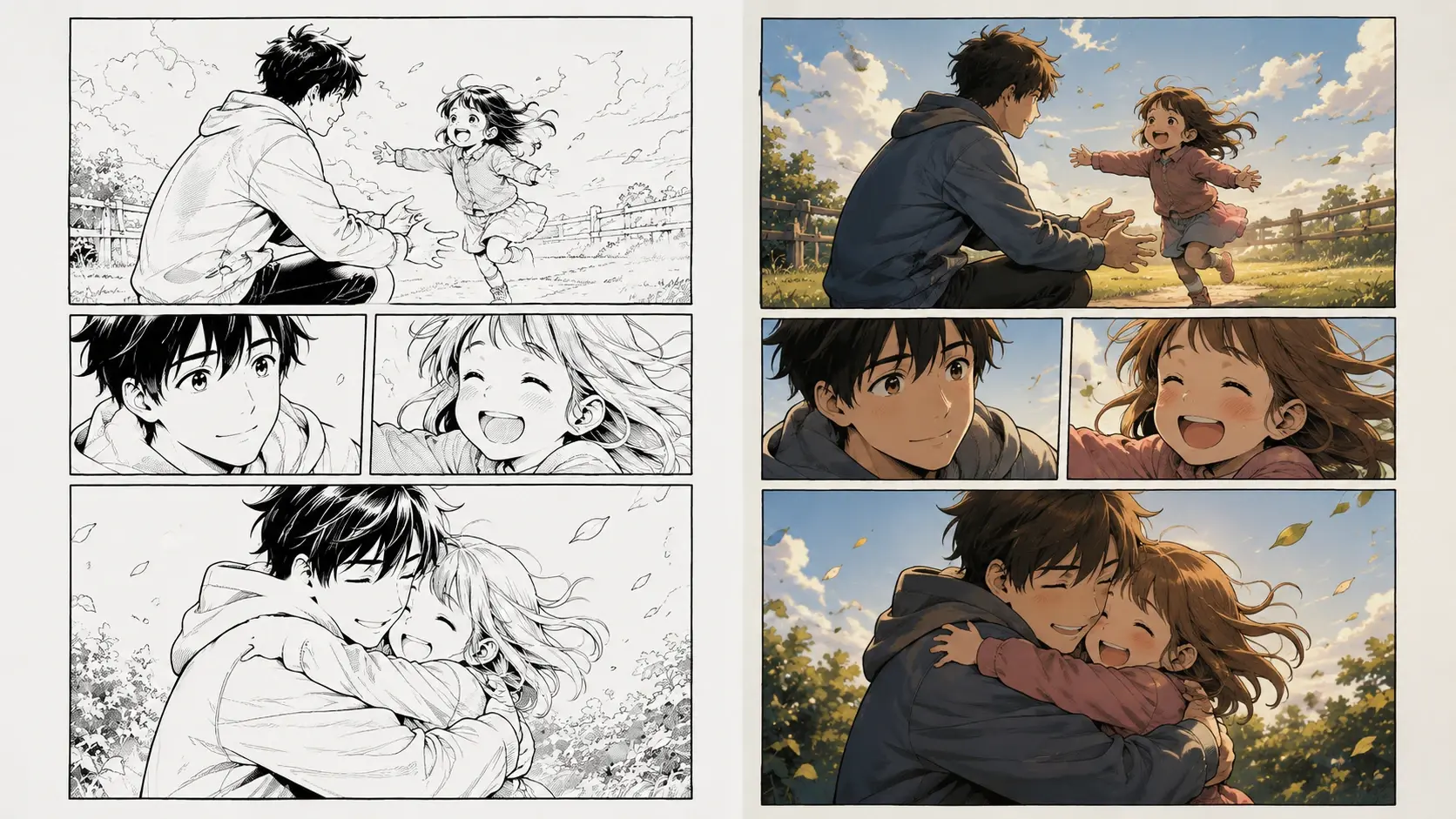 An inked manga page on the left and its colorized version with shaded hair and clothes