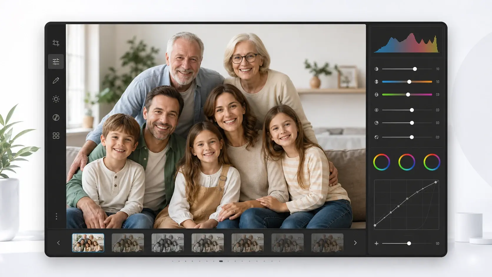 The visual editor showing color sliders over a colorized 4K family photo
