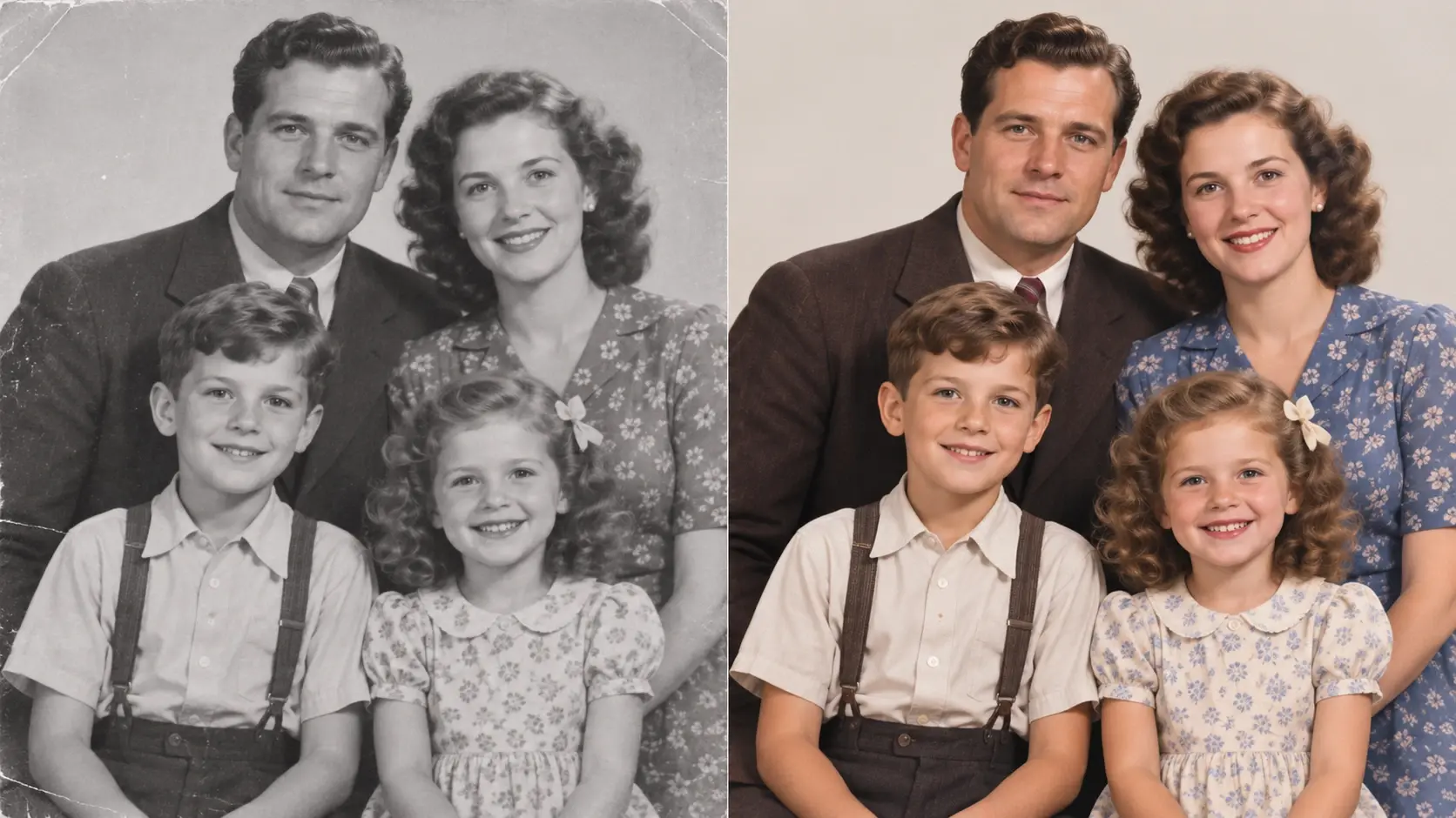 Faded black and white family portrait shown beside its color version with warm skin tones