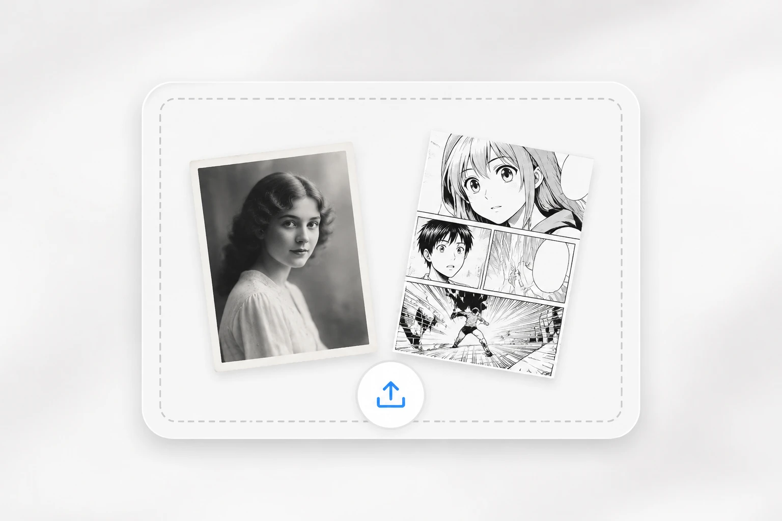 Upload panel with a black and white photo and a manga page queued in the workspace