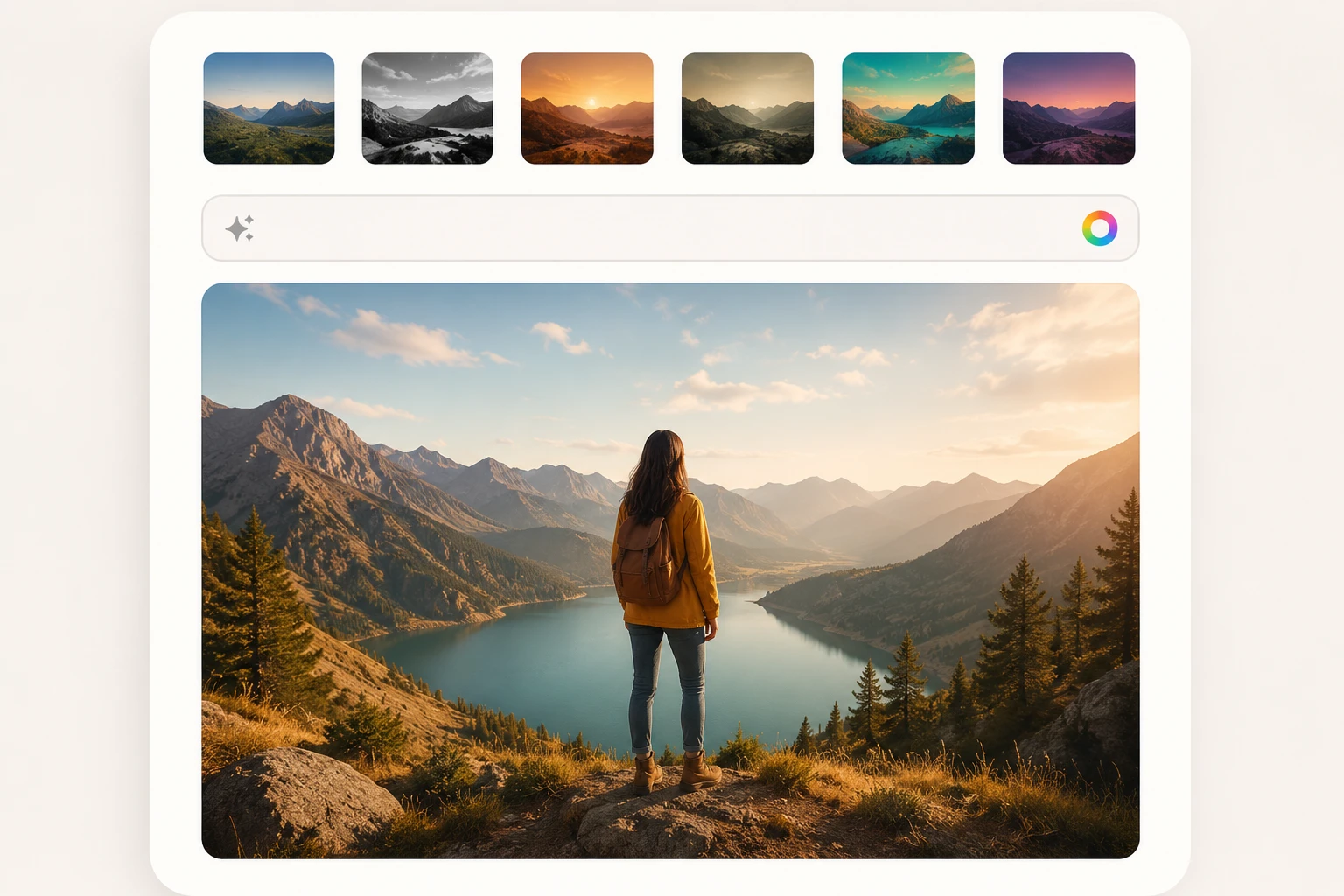 Preset style buttons and a prompt field set to warm daylight tones above a preview