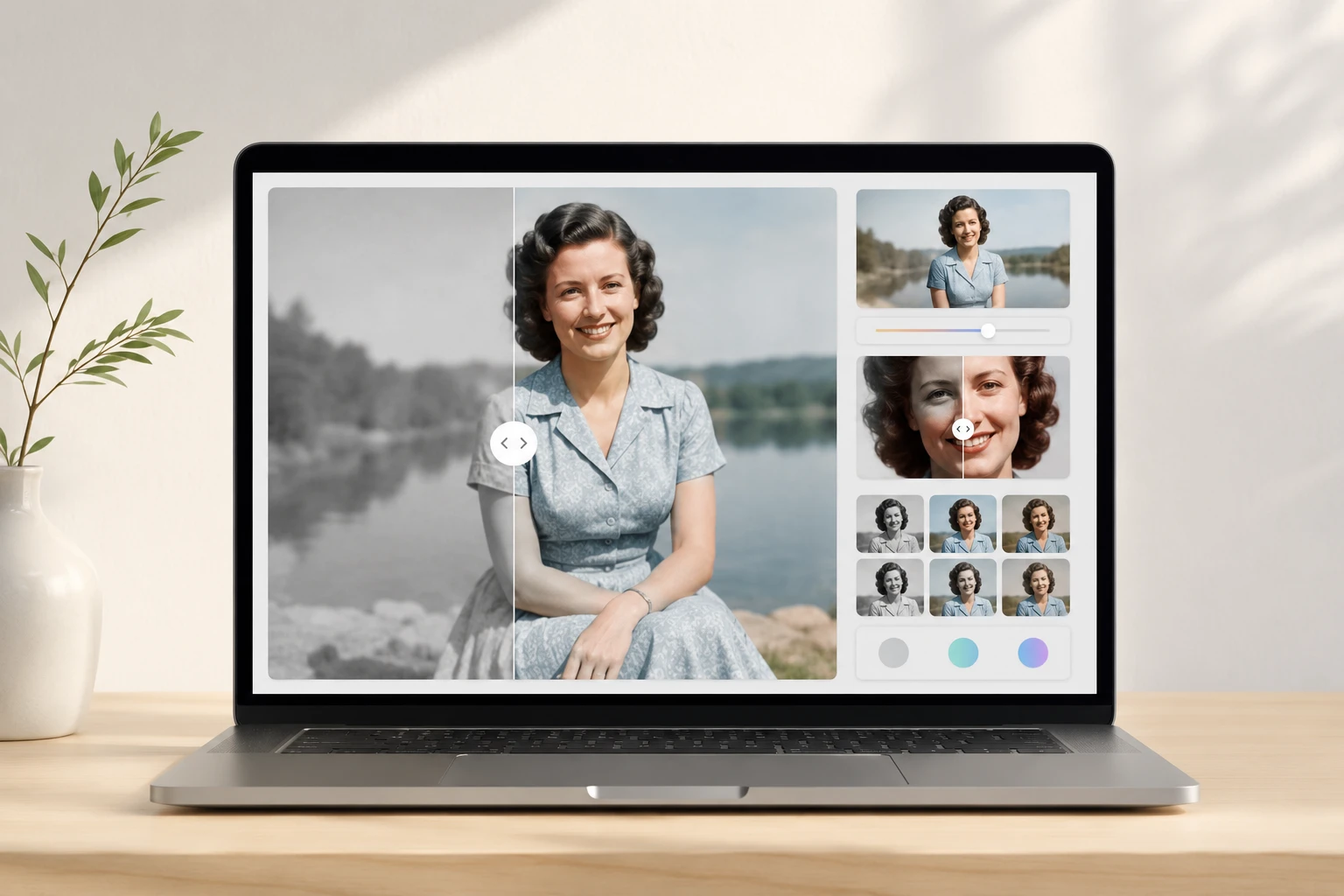 Preview of a colorized photo beside download options showing 4K and no watermark