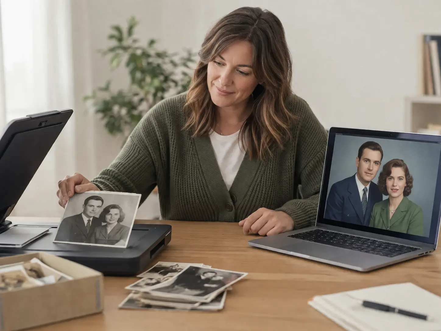 A family archivist scanning black and white portraits that appear in color on a laptop screen