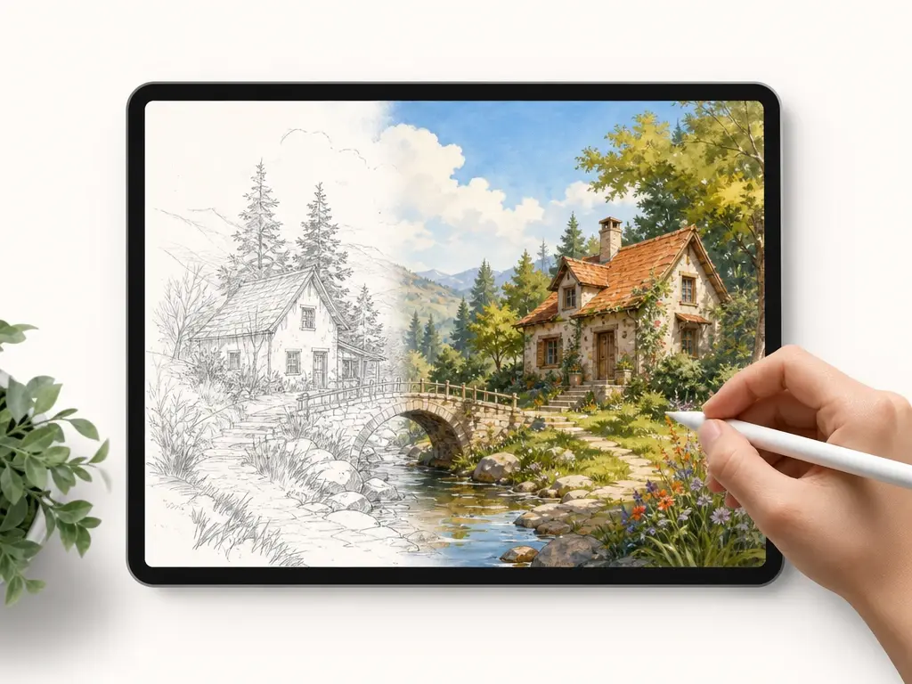 An illustrator's pencil sketch on a tablet turning into a colored drawing with soft tones
