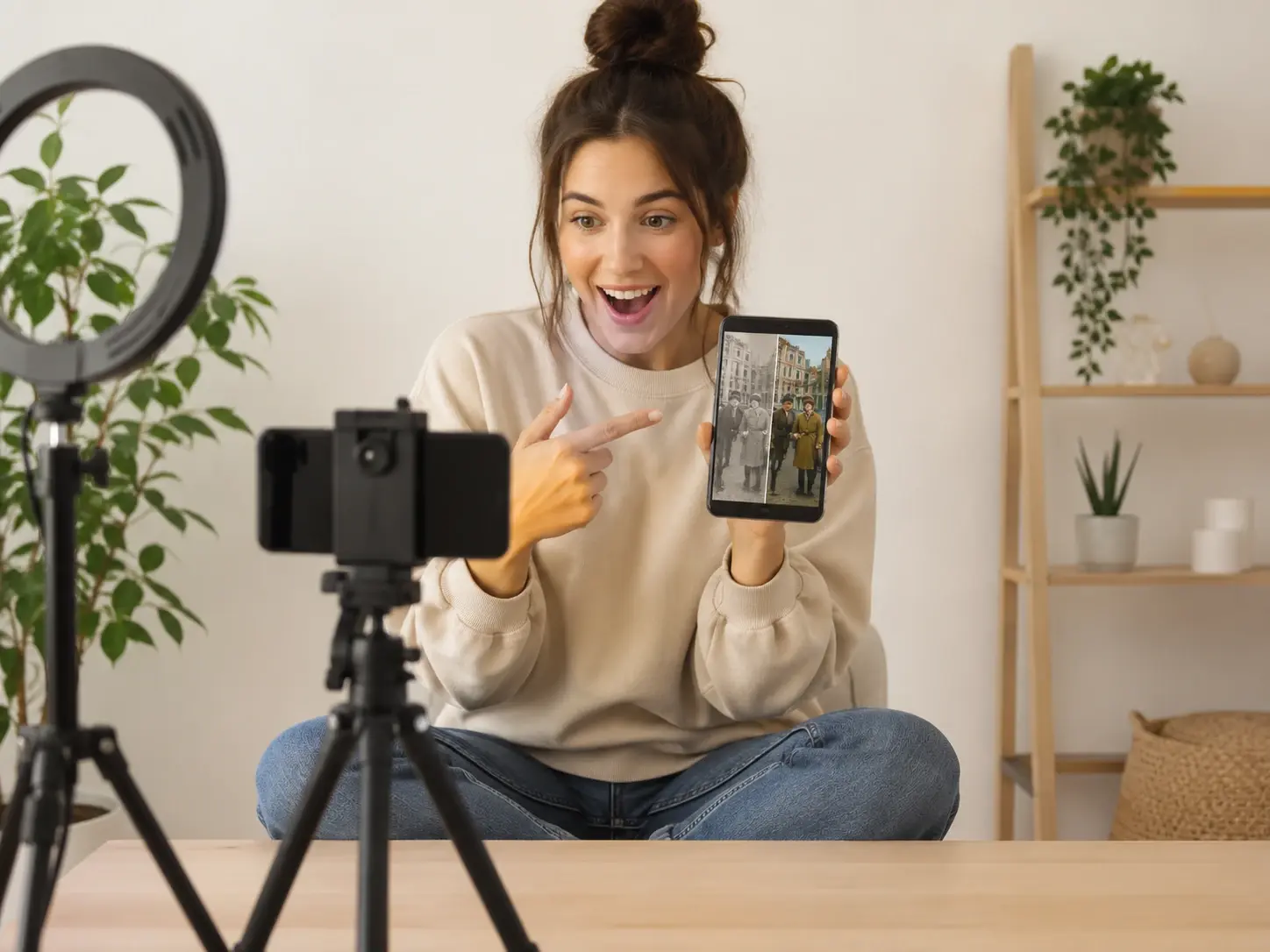A content creator reviewing a before and after of a colorized old photo on a phone