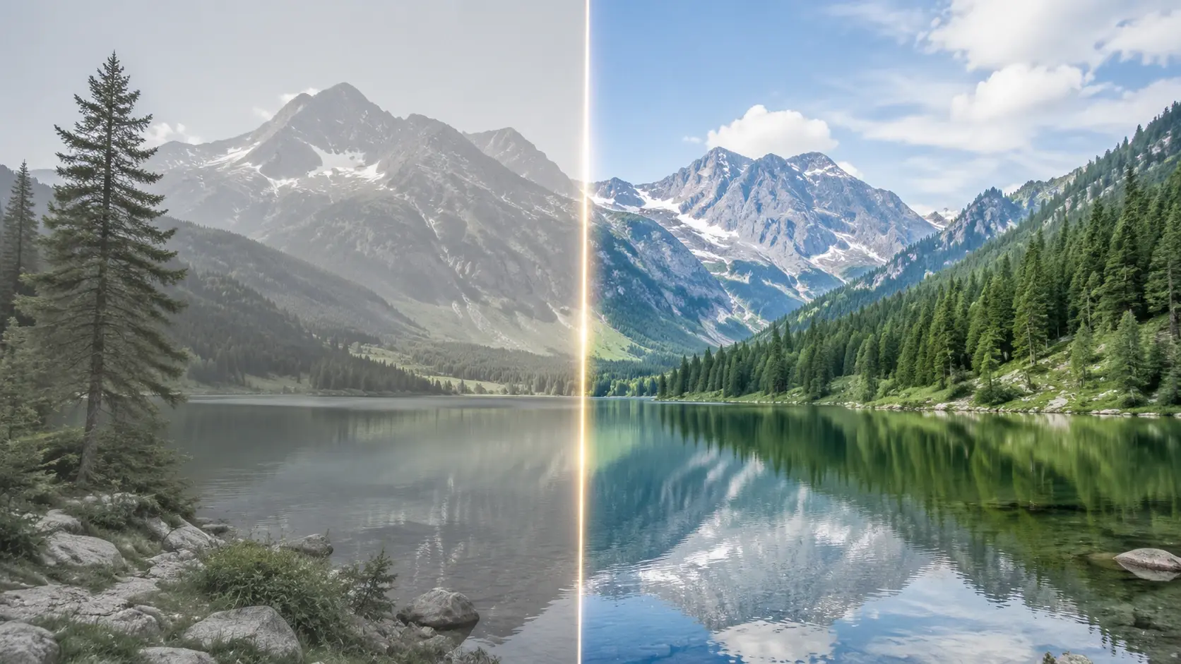 Landscape photo transitioning from dull to enhanced with AI Image Editor