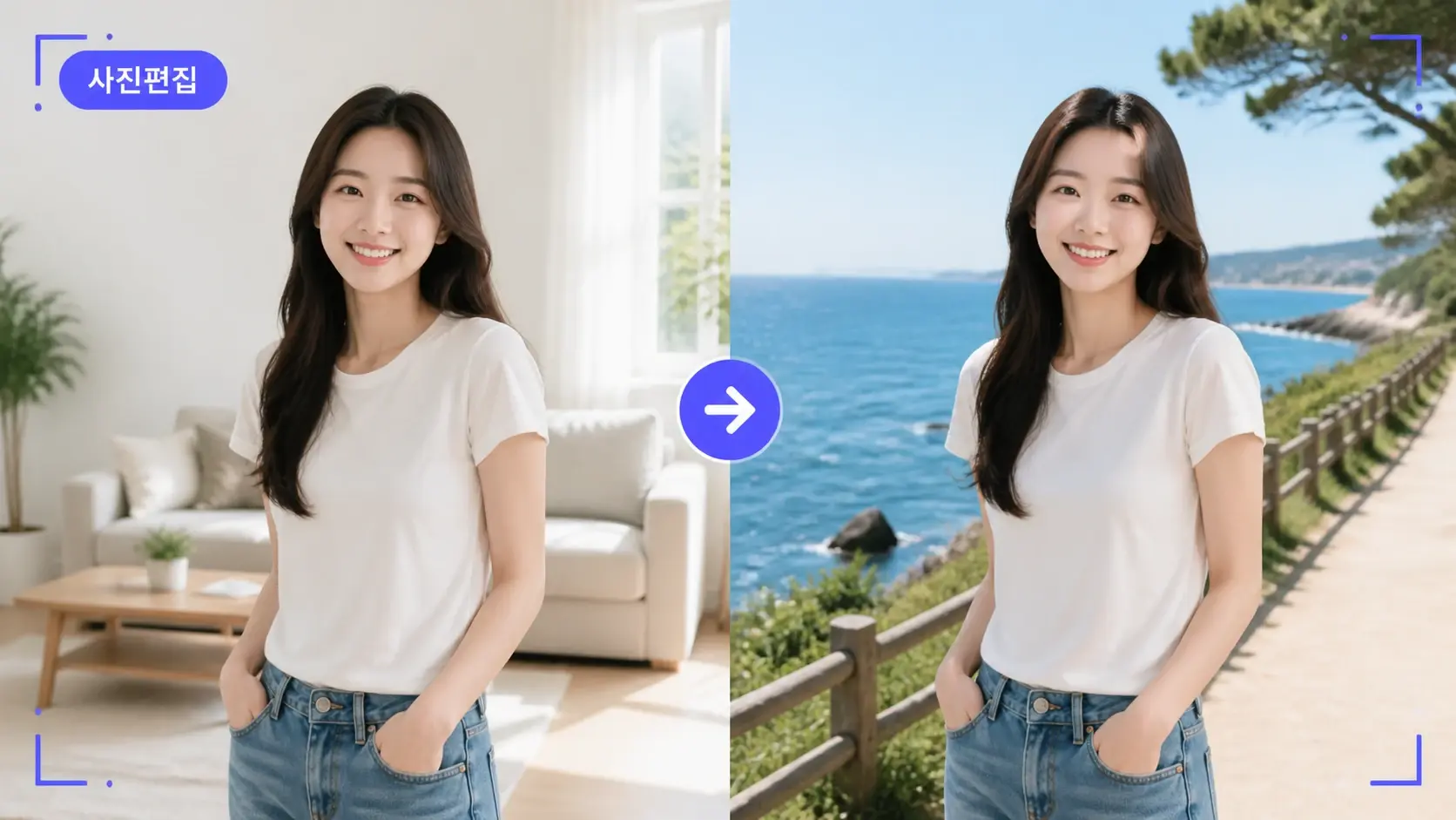 짧은 문장 배지와 함께 인물 사진의 배경이 새 장면으로 바뀐 사진편집 전후 비교