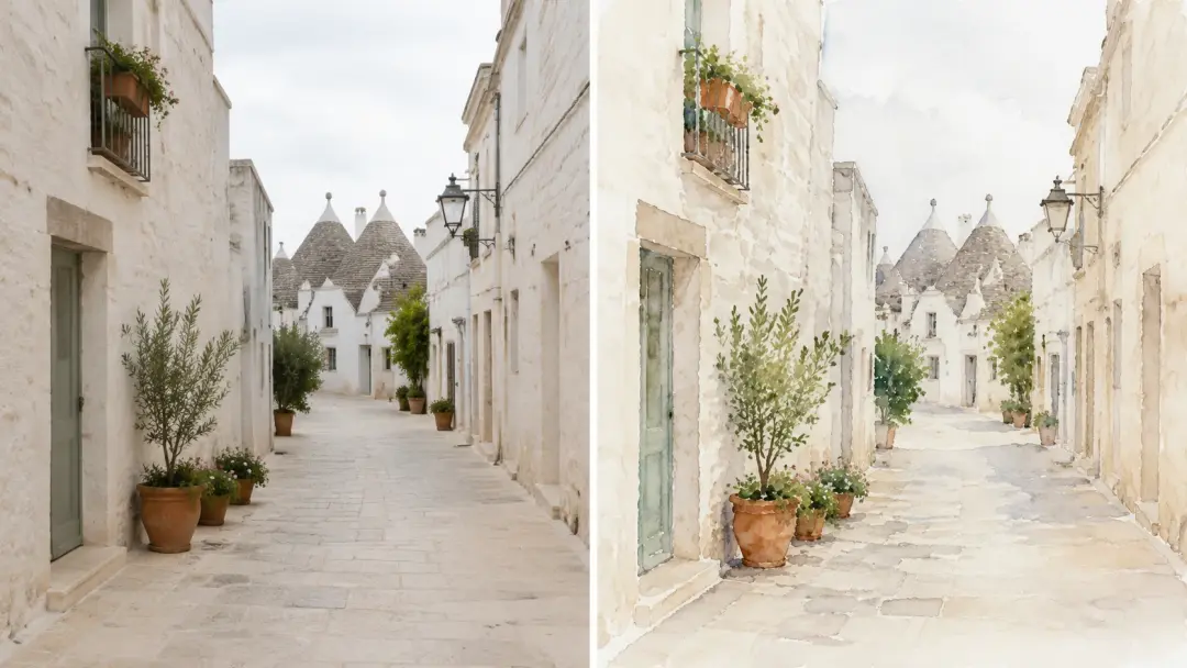 Street scene shown as photograph and watercolor style side by side
