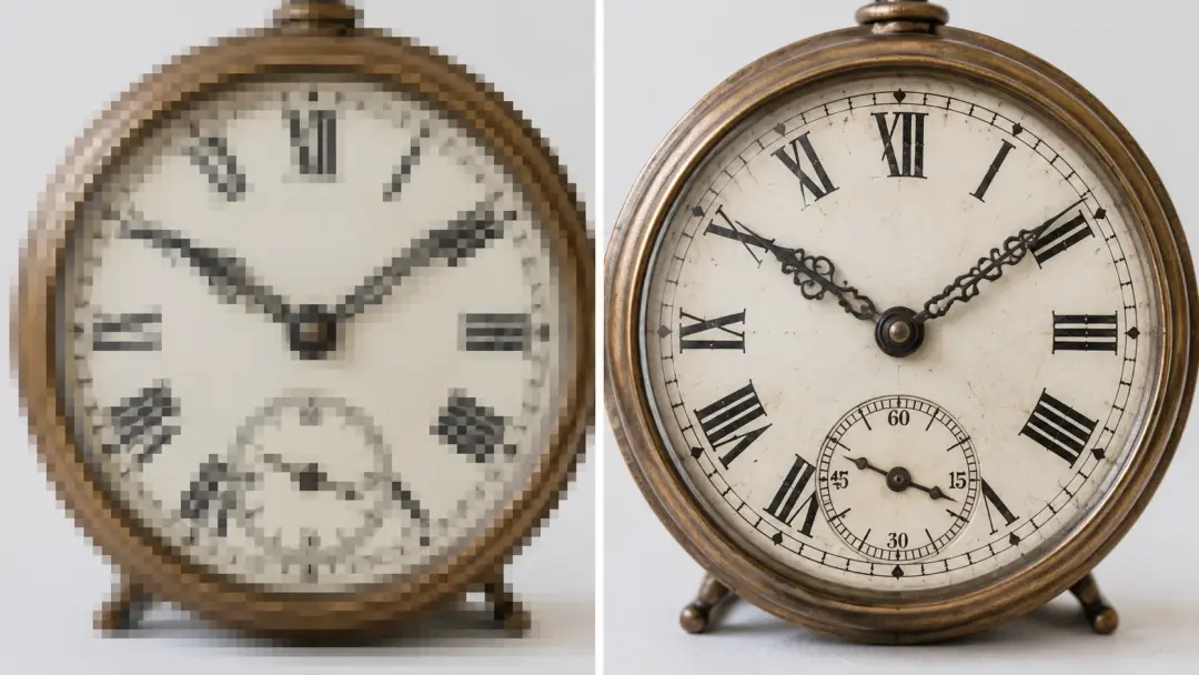 Side-by-side of blurry low-res and sharp upscaled vintage clock photo