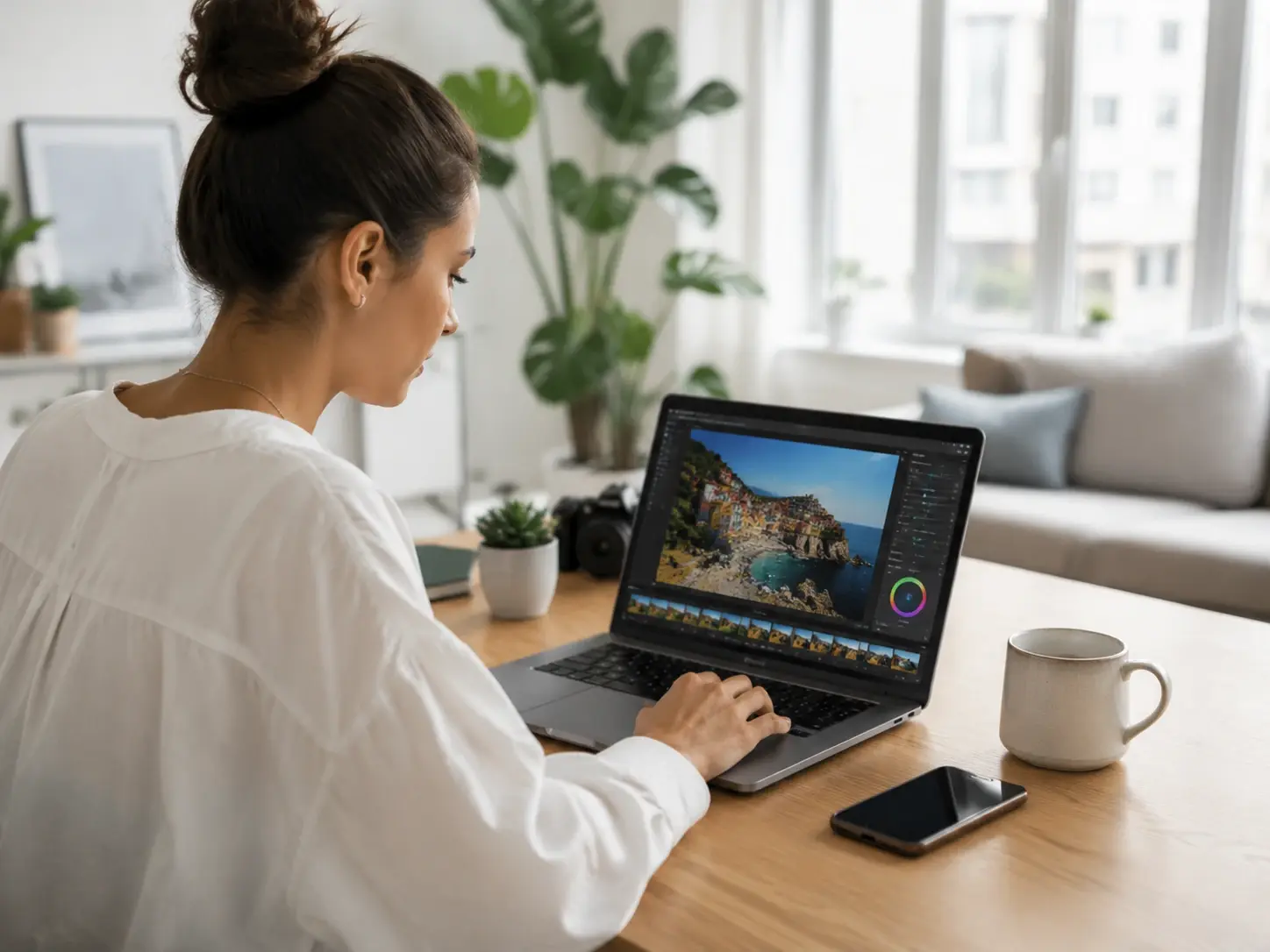 Content creator editing a colorful photo on laptop
