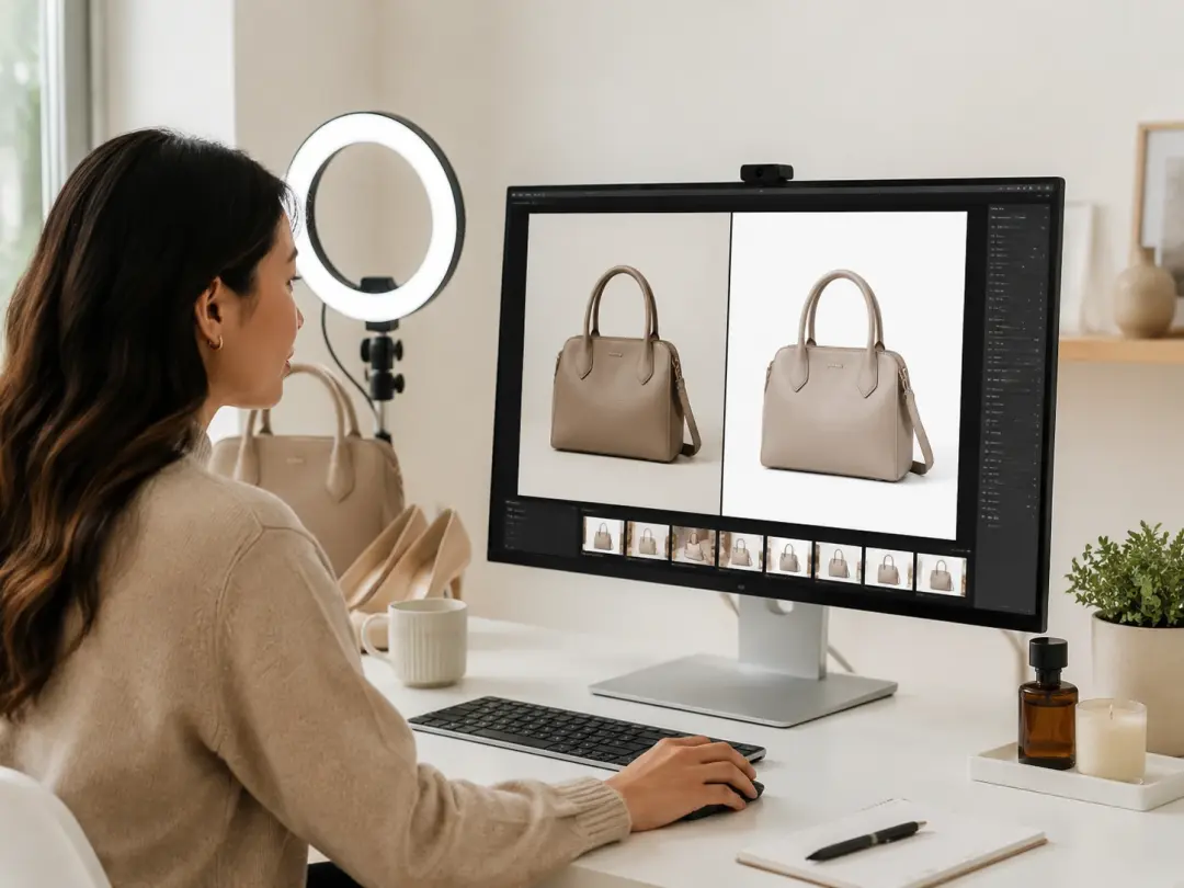 Ecommerce manager retouching product photos with AI Image Editor