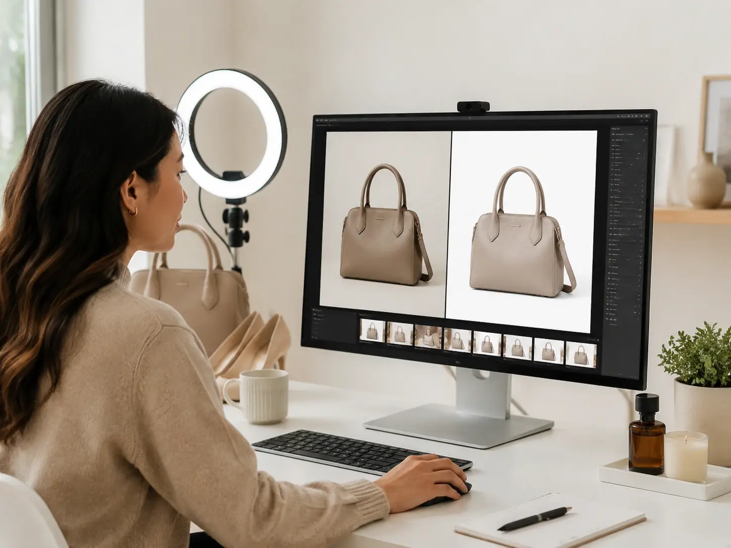 Ecommerce manager retouching product photos with AI Image Editor