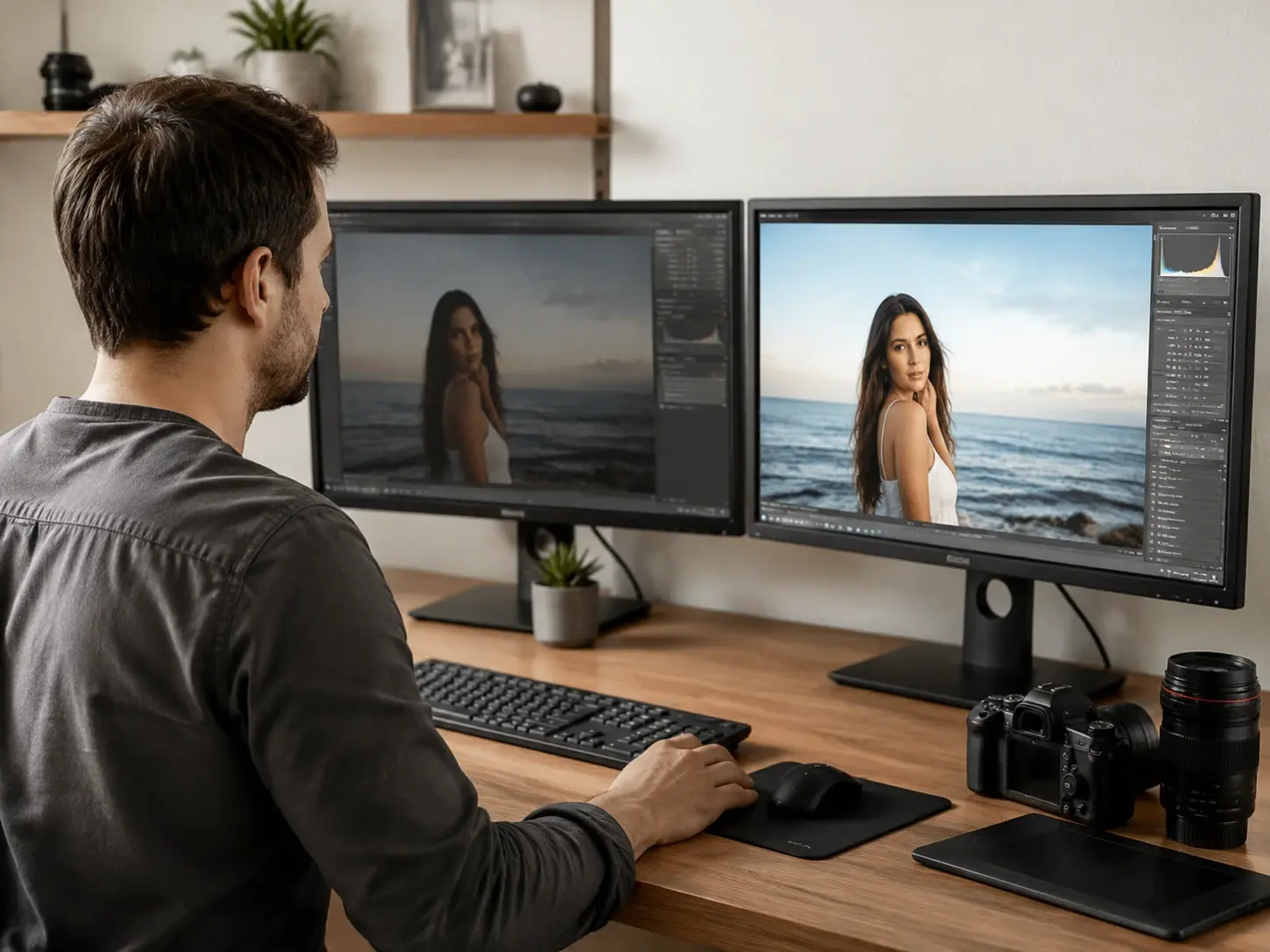 Freelance photographer comparing original and corrected shots on dual monitors