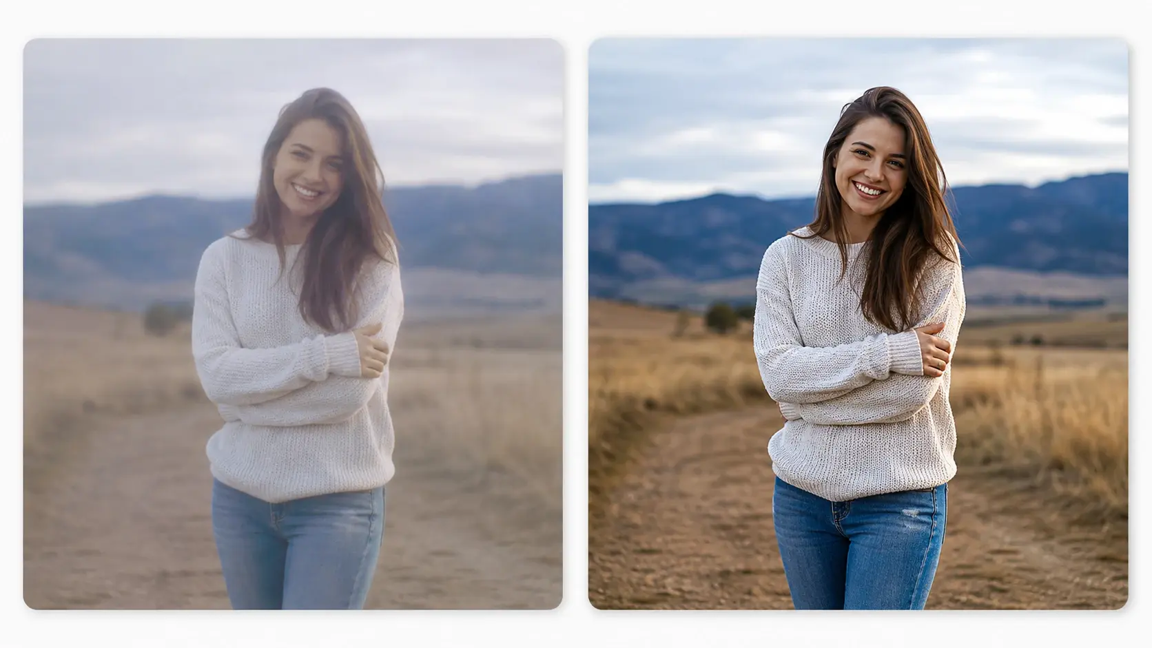 Side by side preview of a soft dull photo and the same shot restored to clear natural detail