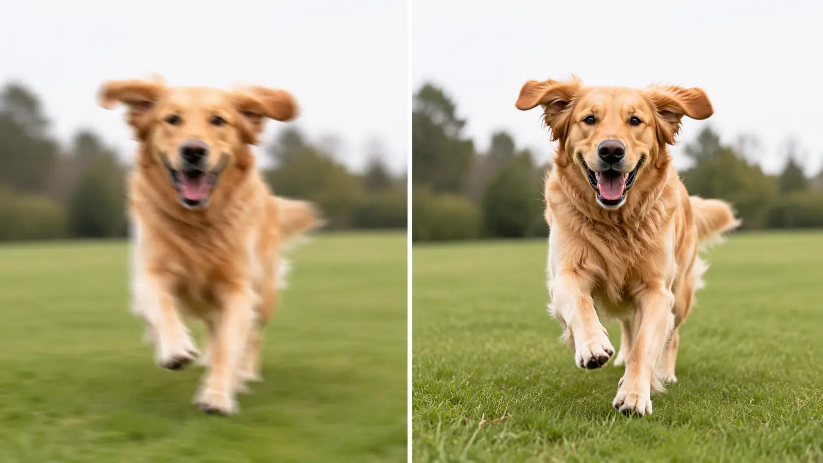 Side by side preview of a blurry photo of a running dog and the same shot with sharp restored outlines