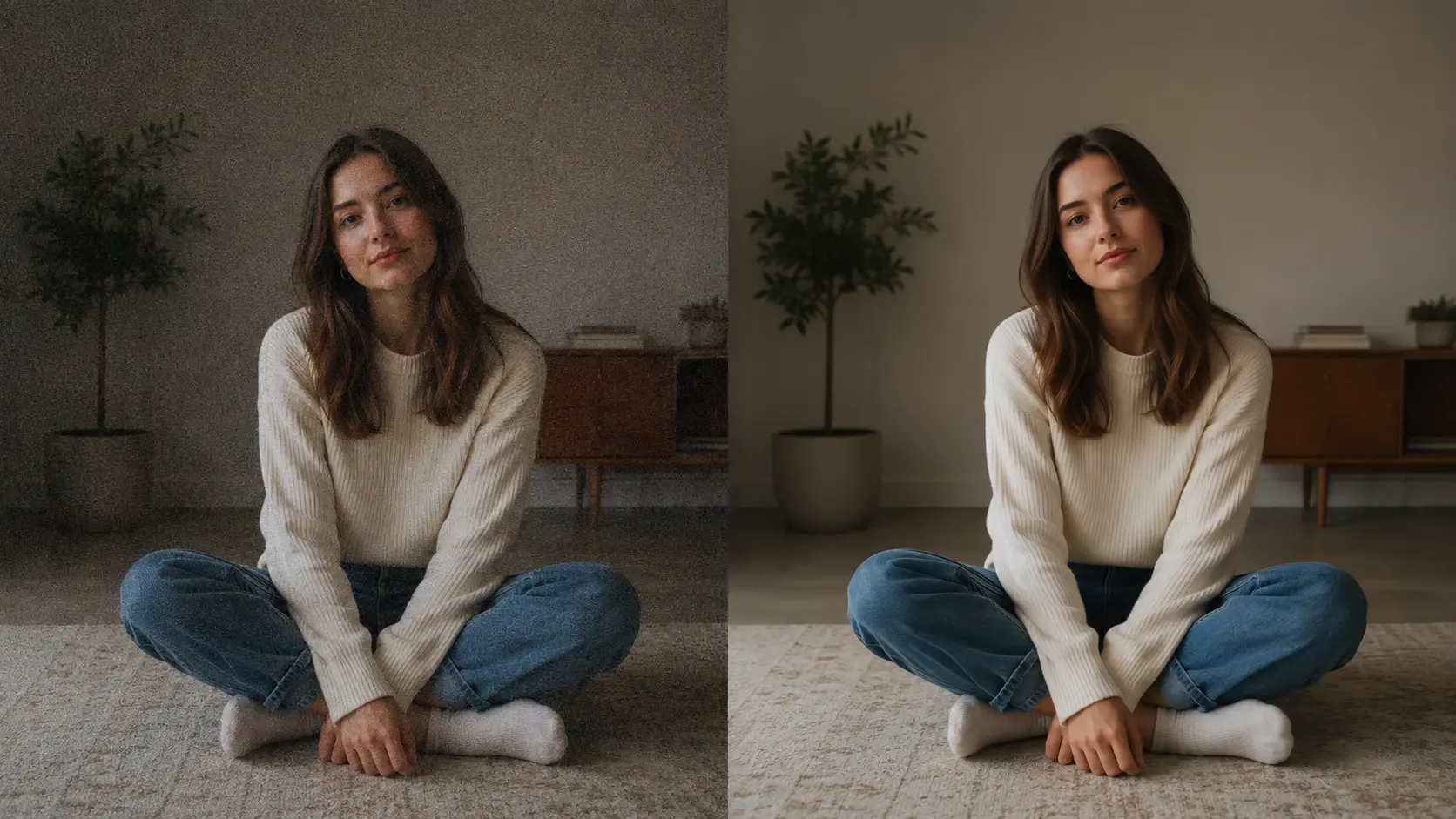 Side by side preview of a grainy dim indoor portrait and the same shot with the grain cleared away