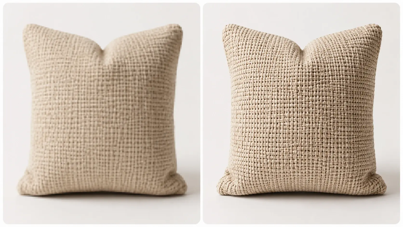 Side by side preview of a soft low resolution fabric weave and the same fabric upscaled to crisp thread detail