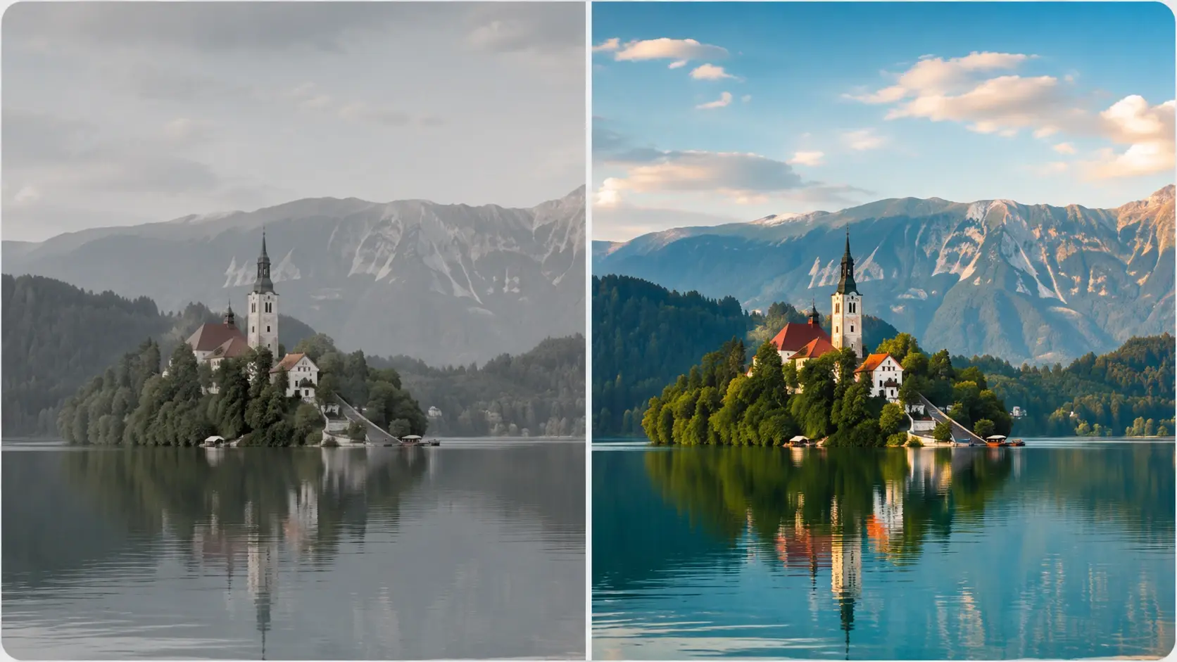 Side by side preview of a flat washed out landscape and the same scene with richer balanced color