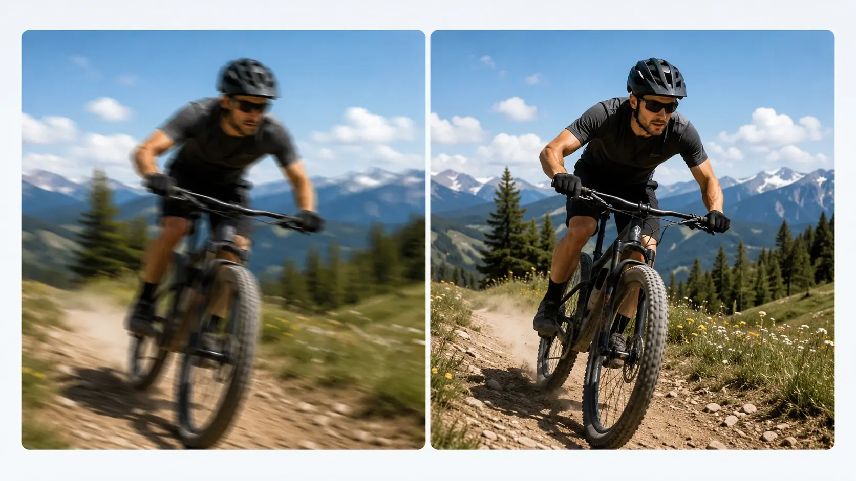 Side by side preview of a motion blurred photo and the same shot with sharpened edges