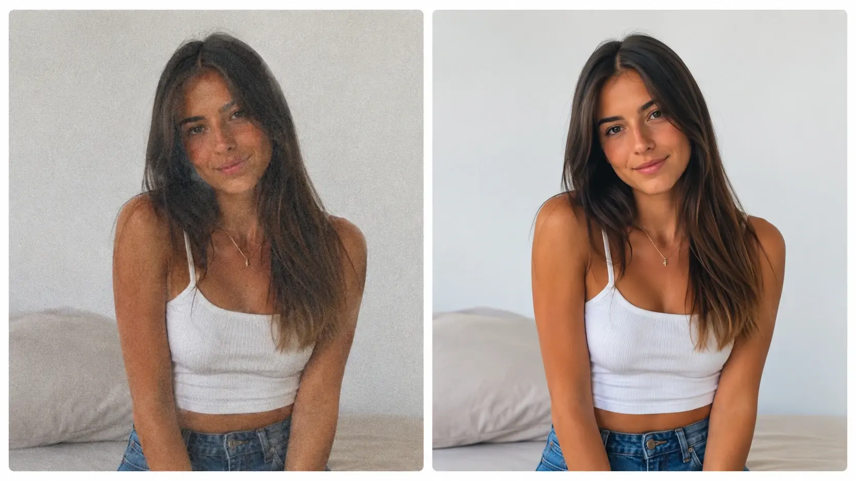Soft grainy photo on the left becoming a clear detailed image enhancer result on the right